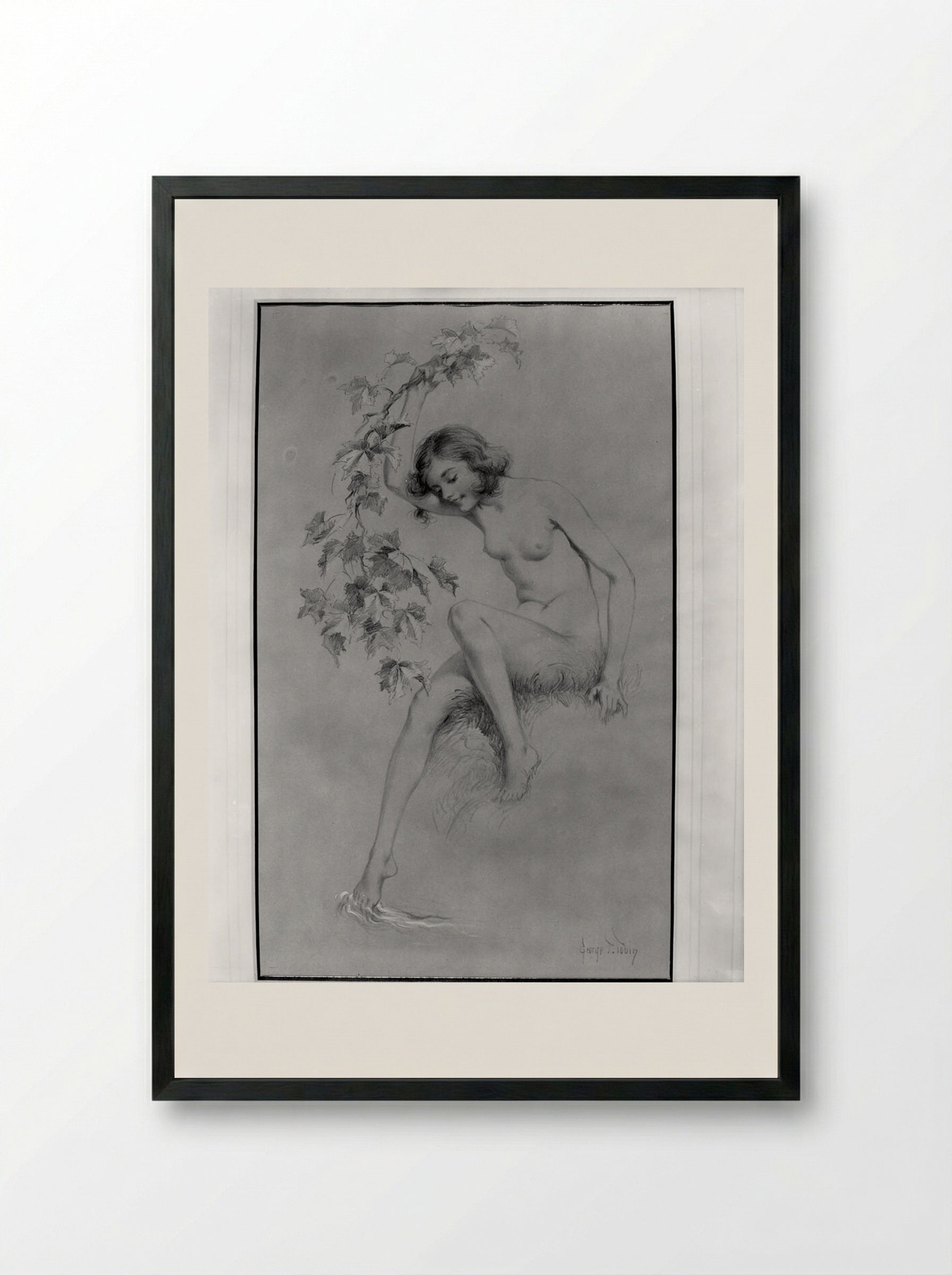 Seated Nude Dipping Foot in Stream - George Timothy Tobin - Framed Print Black
