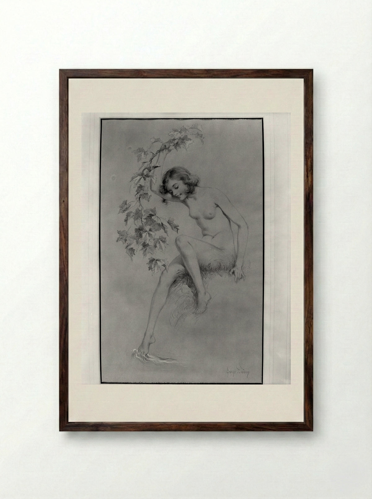 Seated Nude Dipping Foot in Stream - George Timothy Tobin - Framed Print Dark Wood