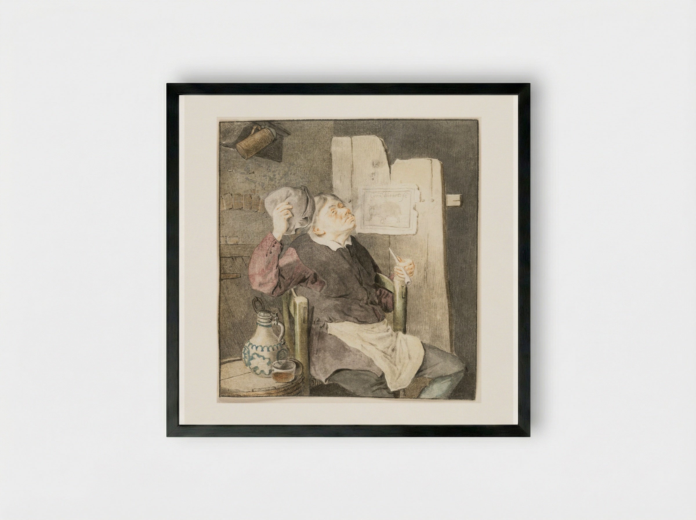 Seated Smoker Fanning Himself with His Hat - Cornelis Dusart - Framed Print Black