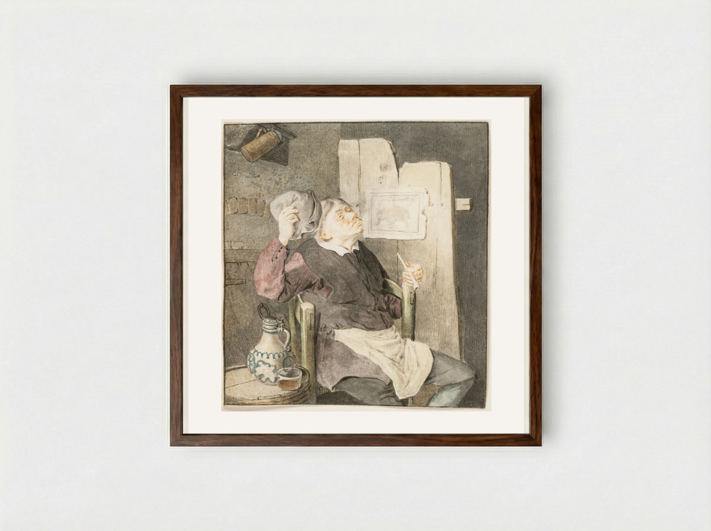 Seated Smoker Fanning Himself with His Hat - Cornelis Dusart - Framed Print Dark Wood