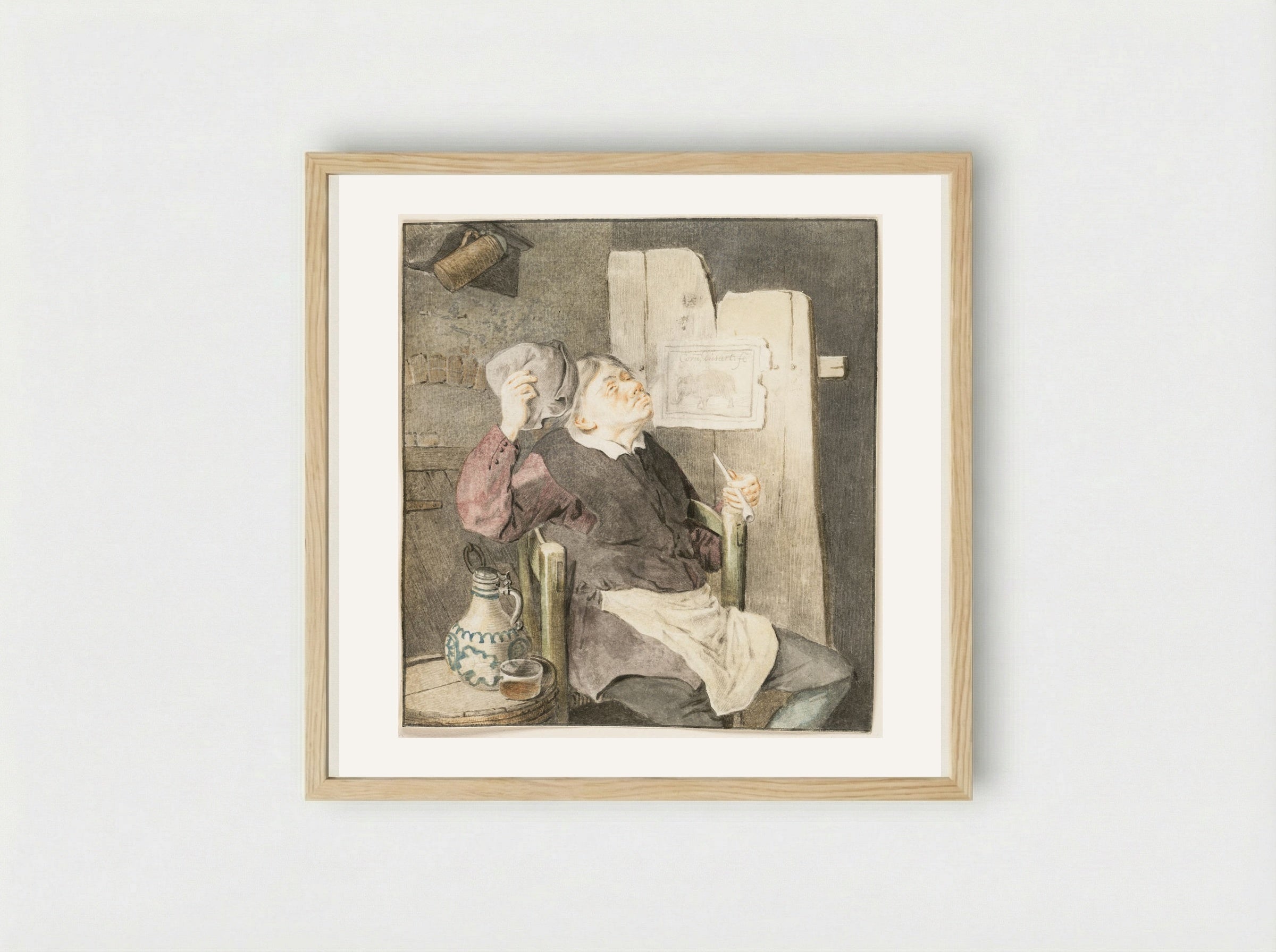 Seated Smoker Fanning Himself with His Hat - Cornelis Dusart - Framed Print Wood