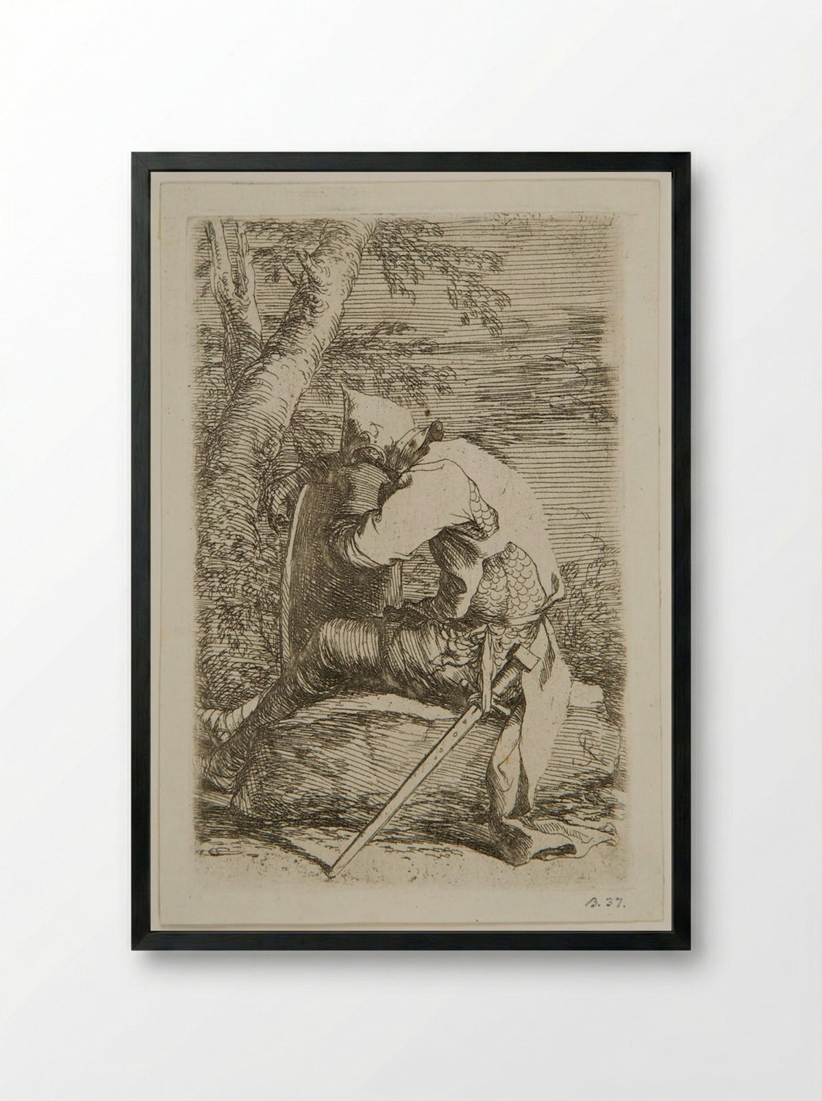 Seated Soldier Leaning on a Shield - Salvator Rosa - Framed Print Black