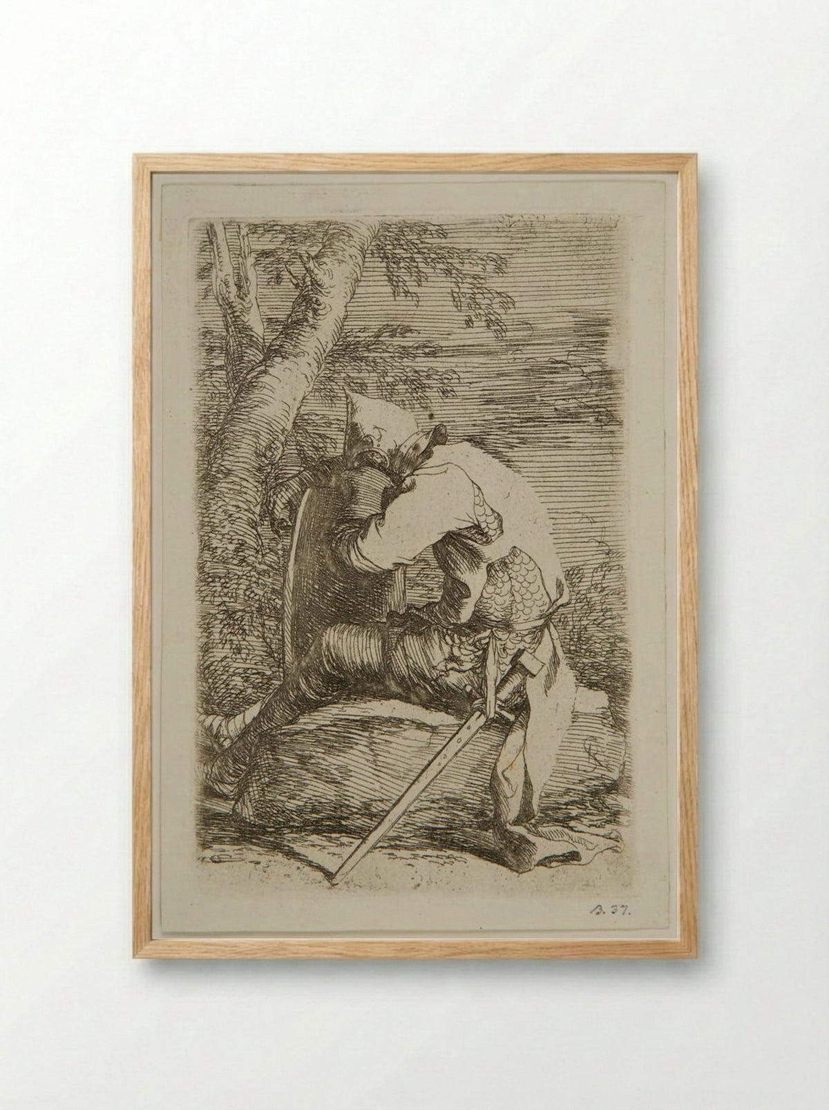 Seated Soldier Leaning on a Shield - Salvator Rosa - Framed Print Wood
