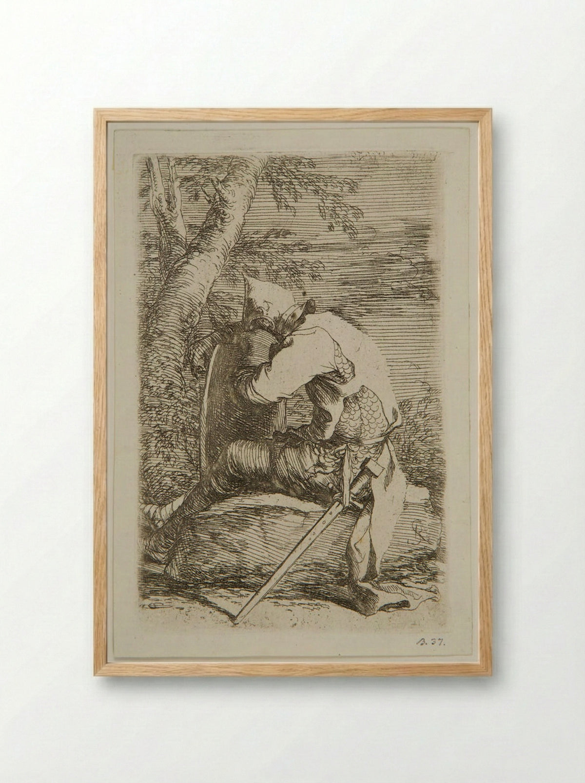 Seated Soldier Leaning on a Shield - Salvator Rosa - Framed Print Wood