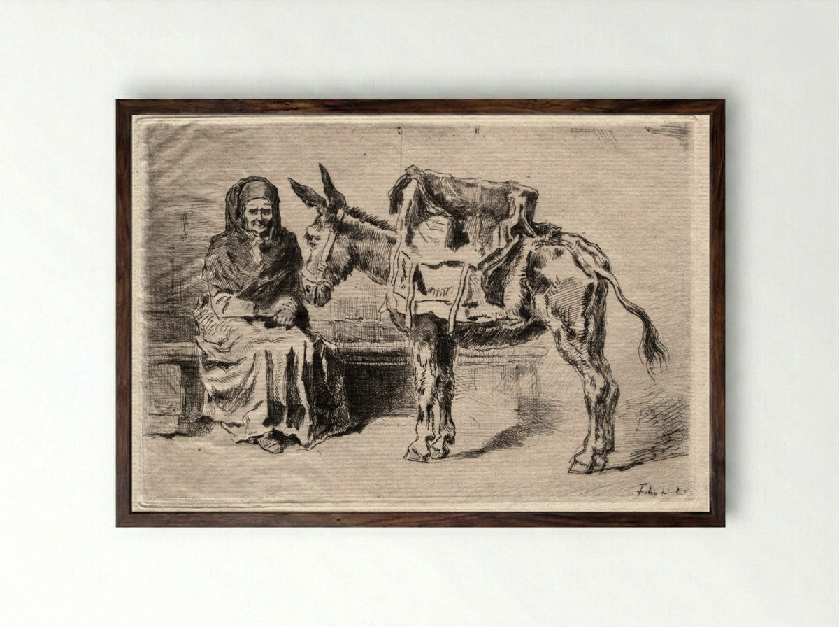 Seated Woman with Mule - Félix Hilaire Buhot - Framed Print Dark Wood