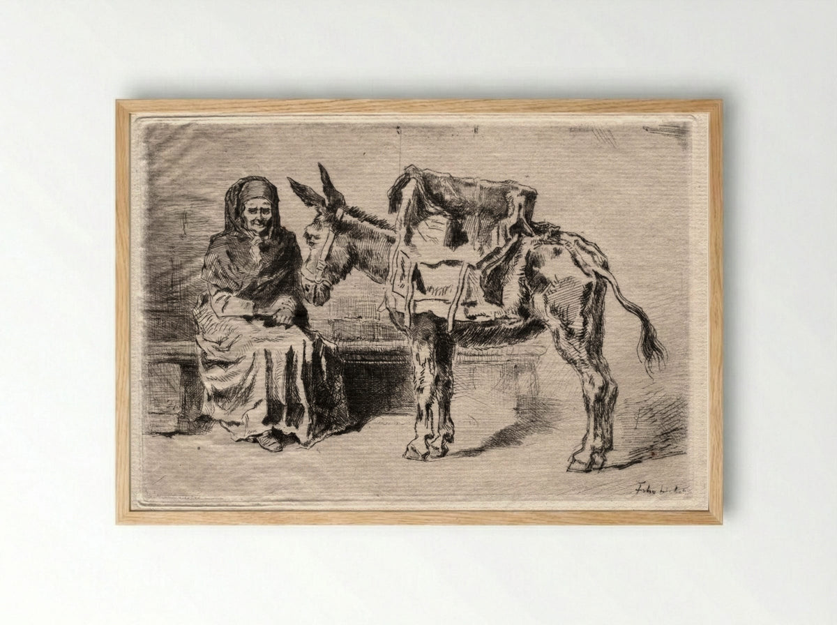 Seated Woman with Mule - Félix Hilaire Buhot - Framed Print Wood