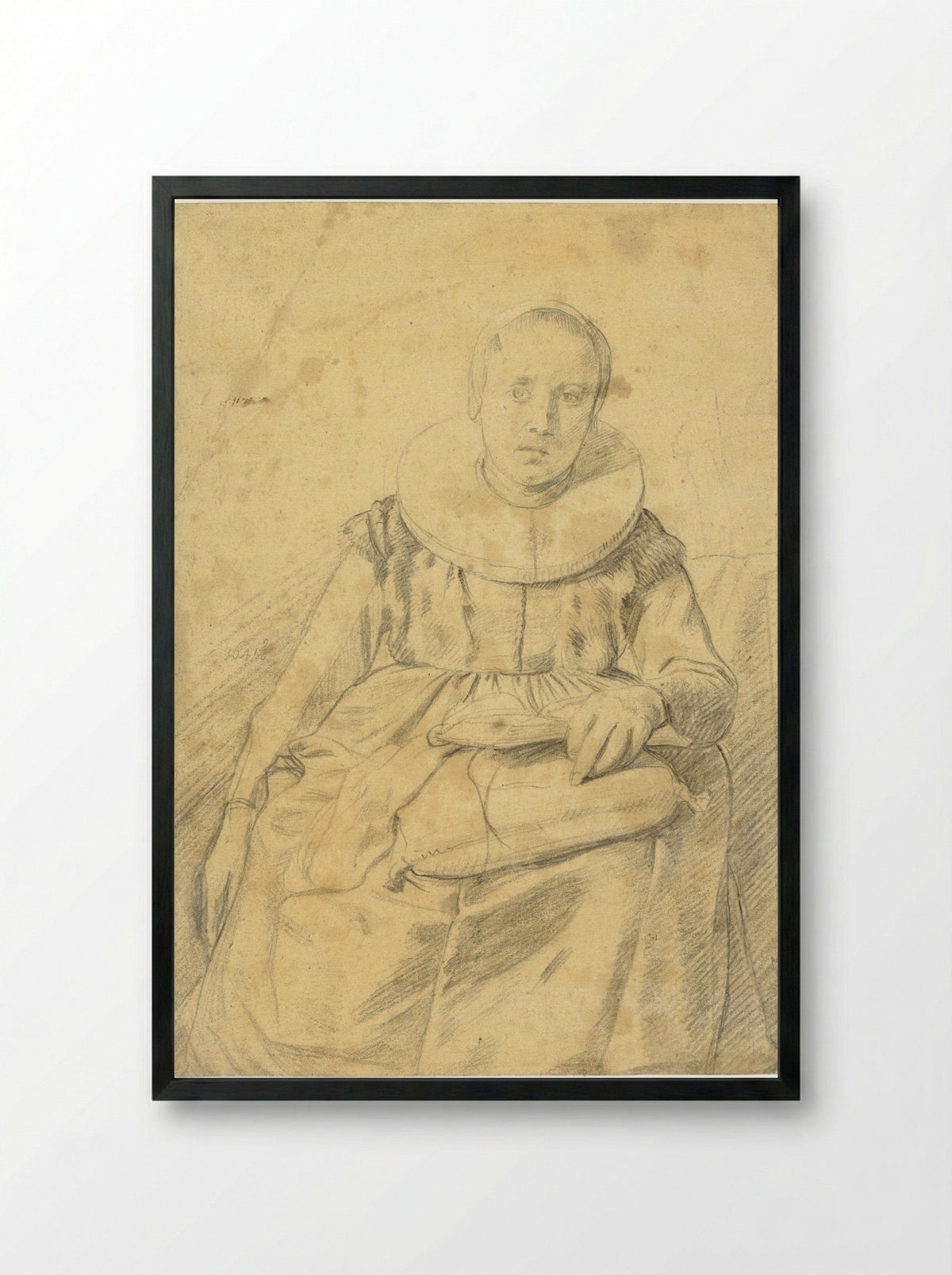 Seated Woman with a Cushion and a Book - Salomon de Bray - Framed Print Black