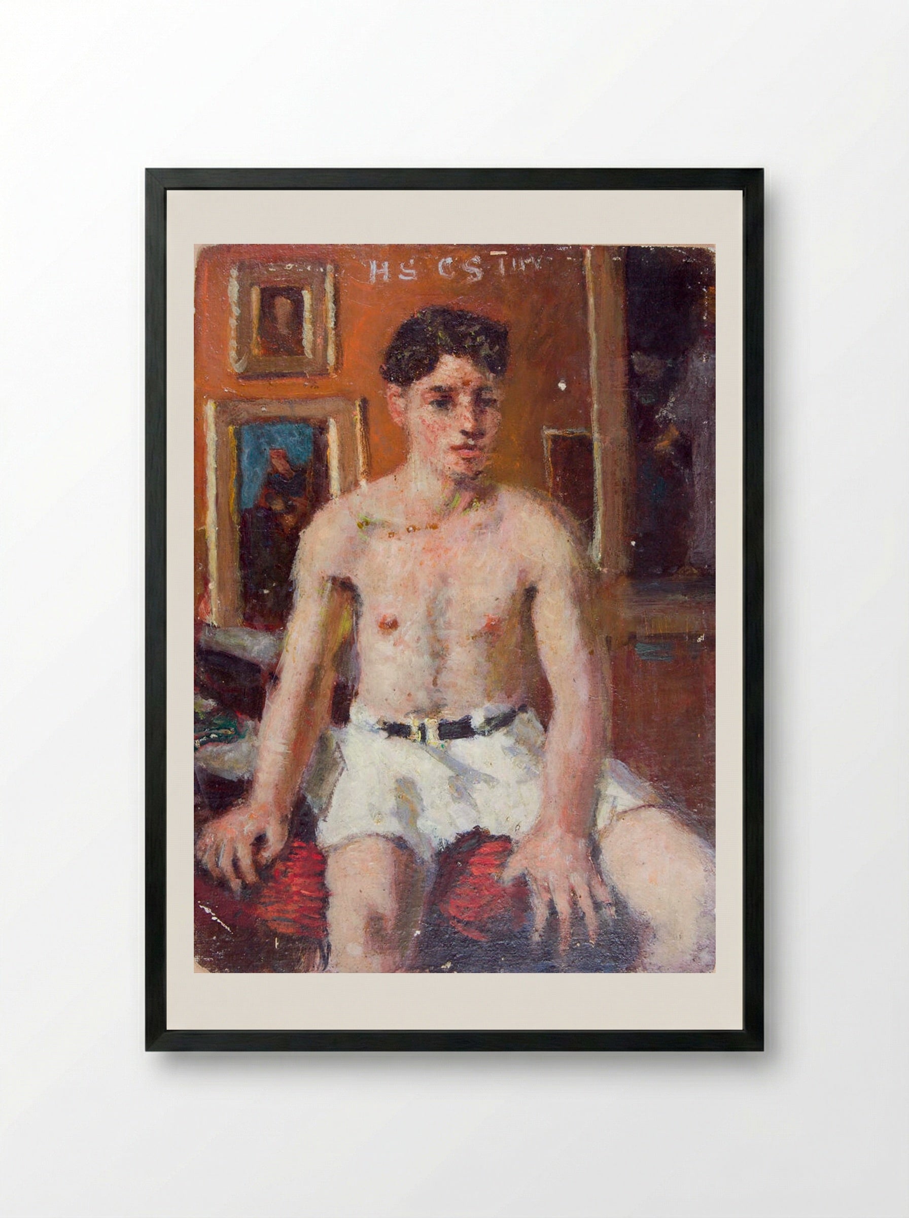 Seated Young Man in White Shorts - Denman Waldo Ross - Framed Print Black