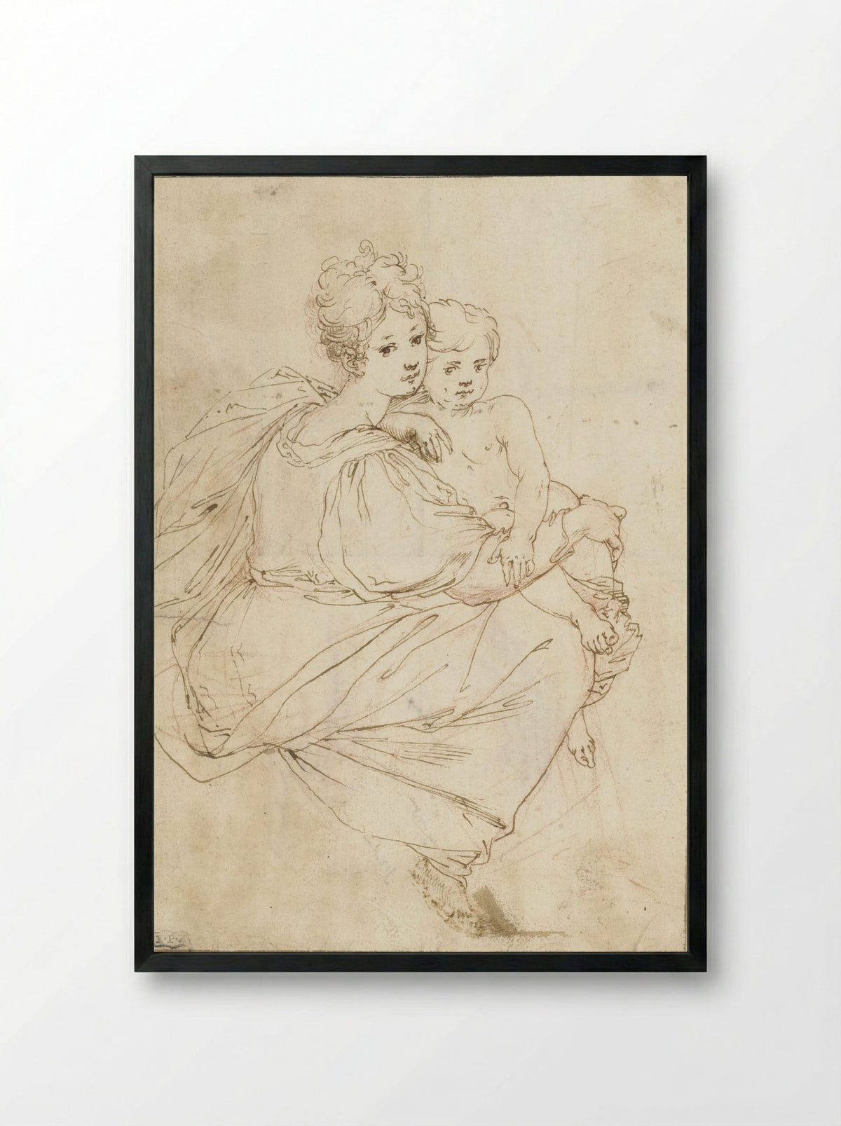 Seated Young Woman with a Nude Child on Her Lap - Cristofano Gherardi - Framed Print Black