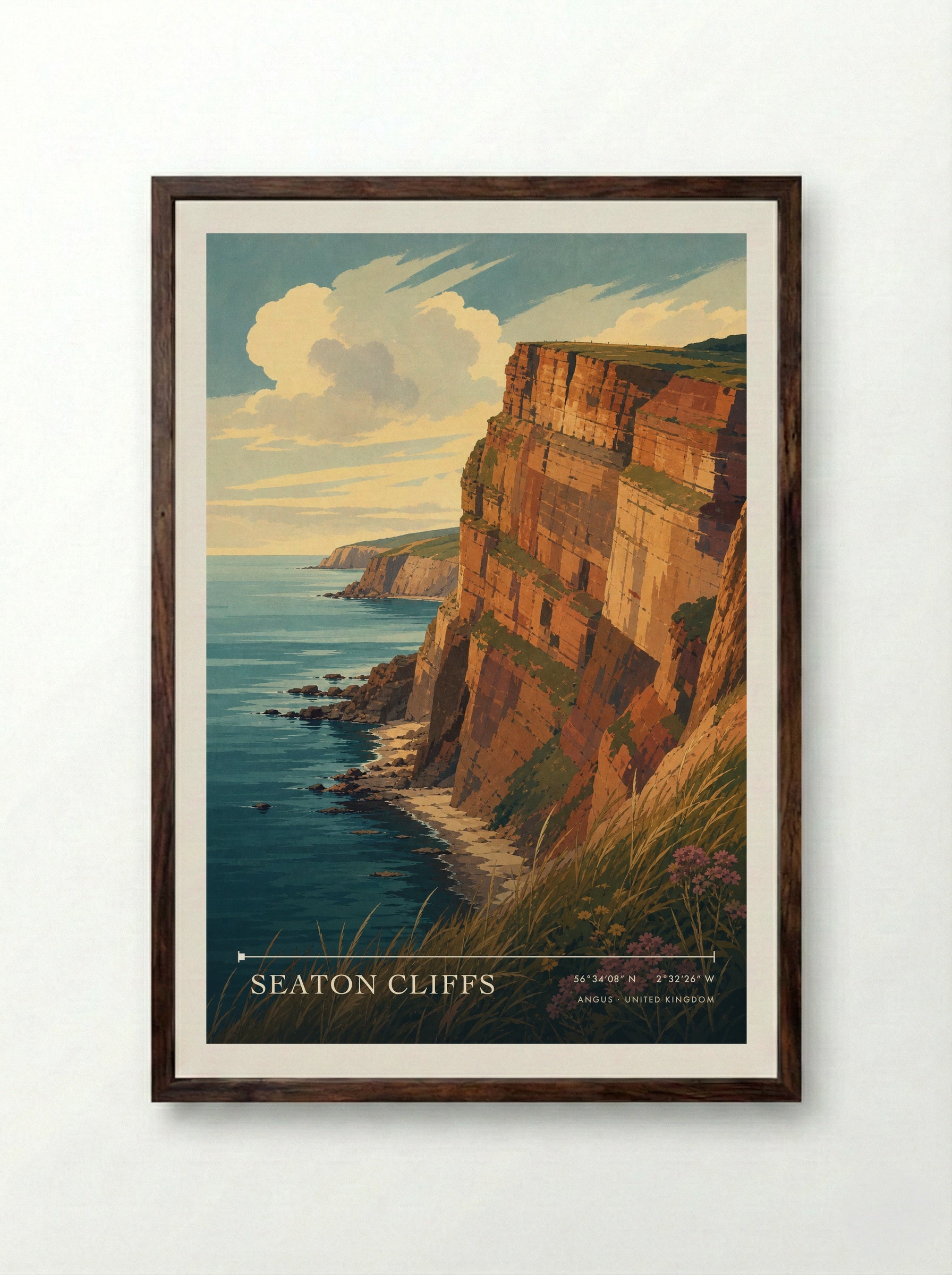 Seaton Cliffs Angus United Kingdom Travel Poster - Framed Print Dark Wood