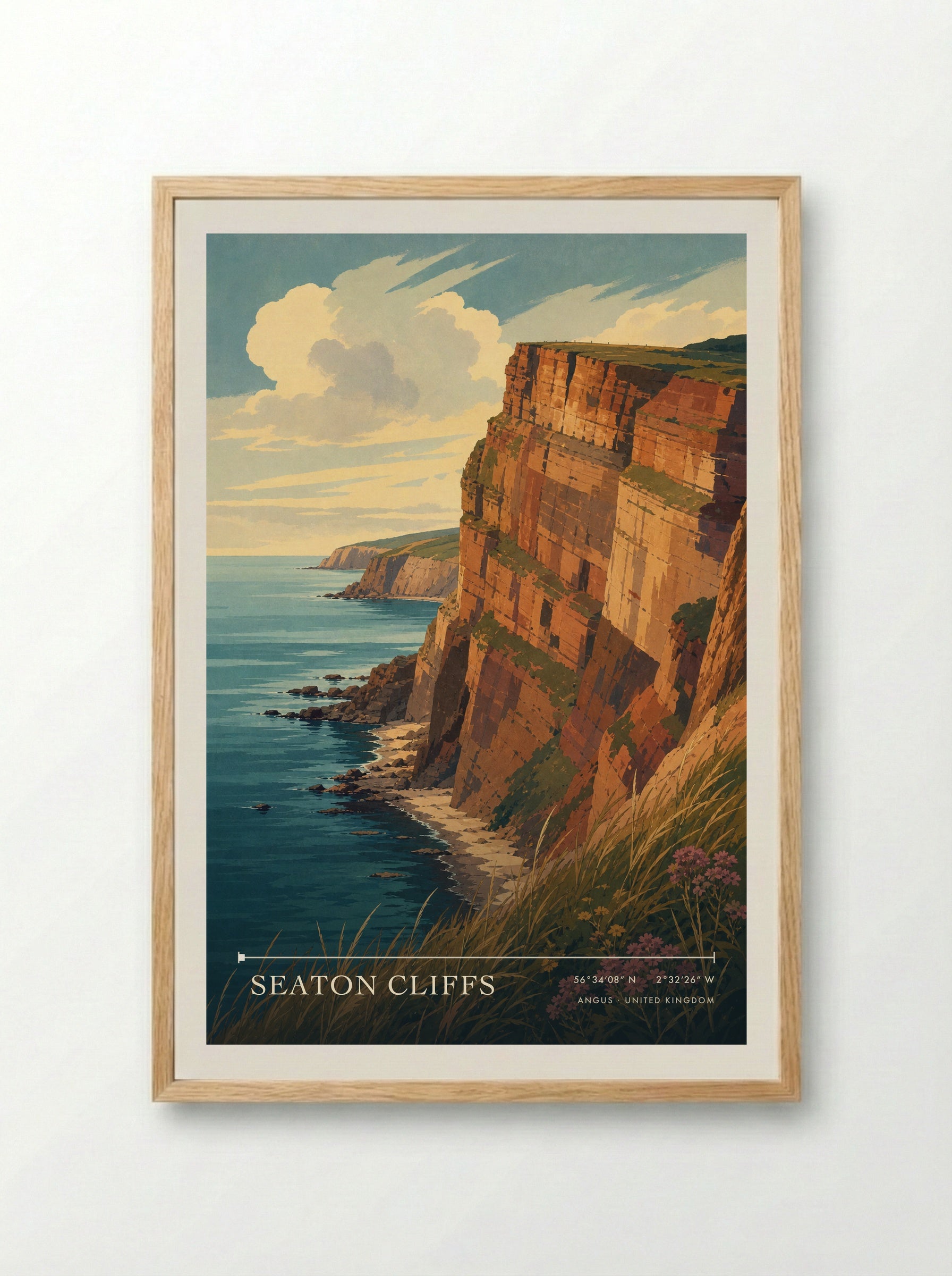 Seaton Cliffs Angus United Kingdom Travel Poster - Framed Print Wood
