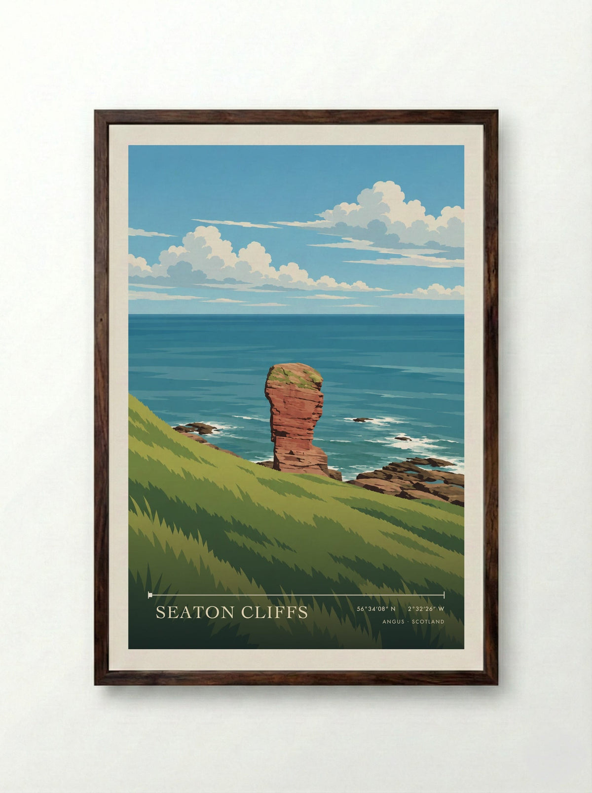 Seaton Cliffs, Angus | Travel Poster - Framed Print Dark Wood