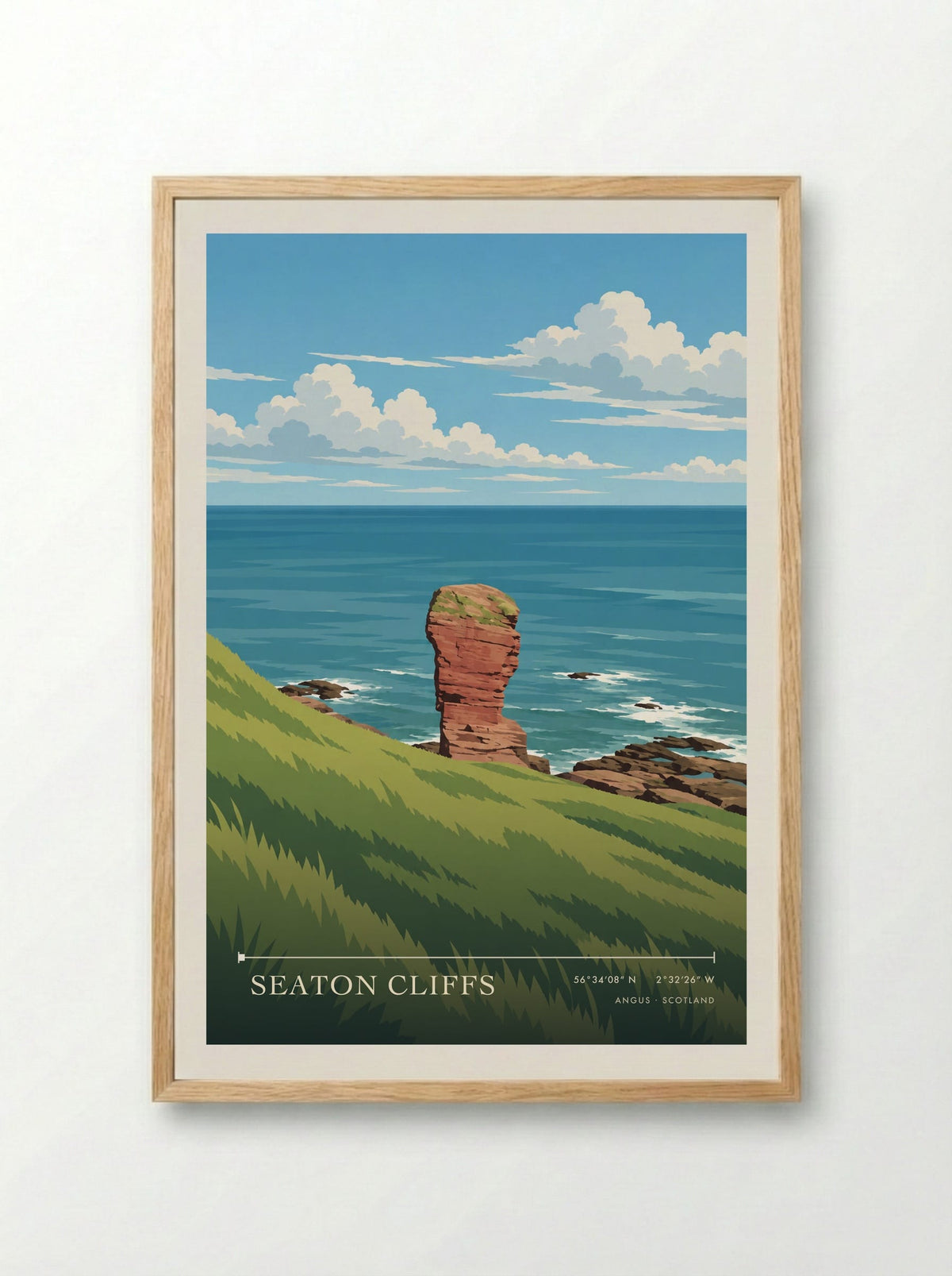 Seaton Cliffs, Angus | Travel Poster - Framed Print Wood