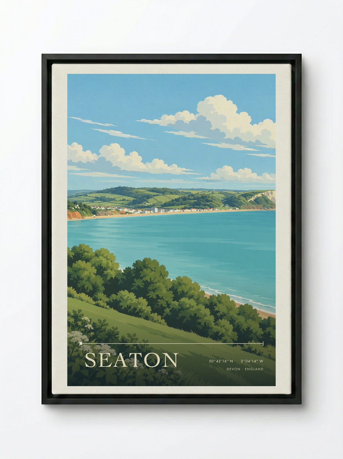 Seaton, Devon | Travel Poster - Framed Canvas Black