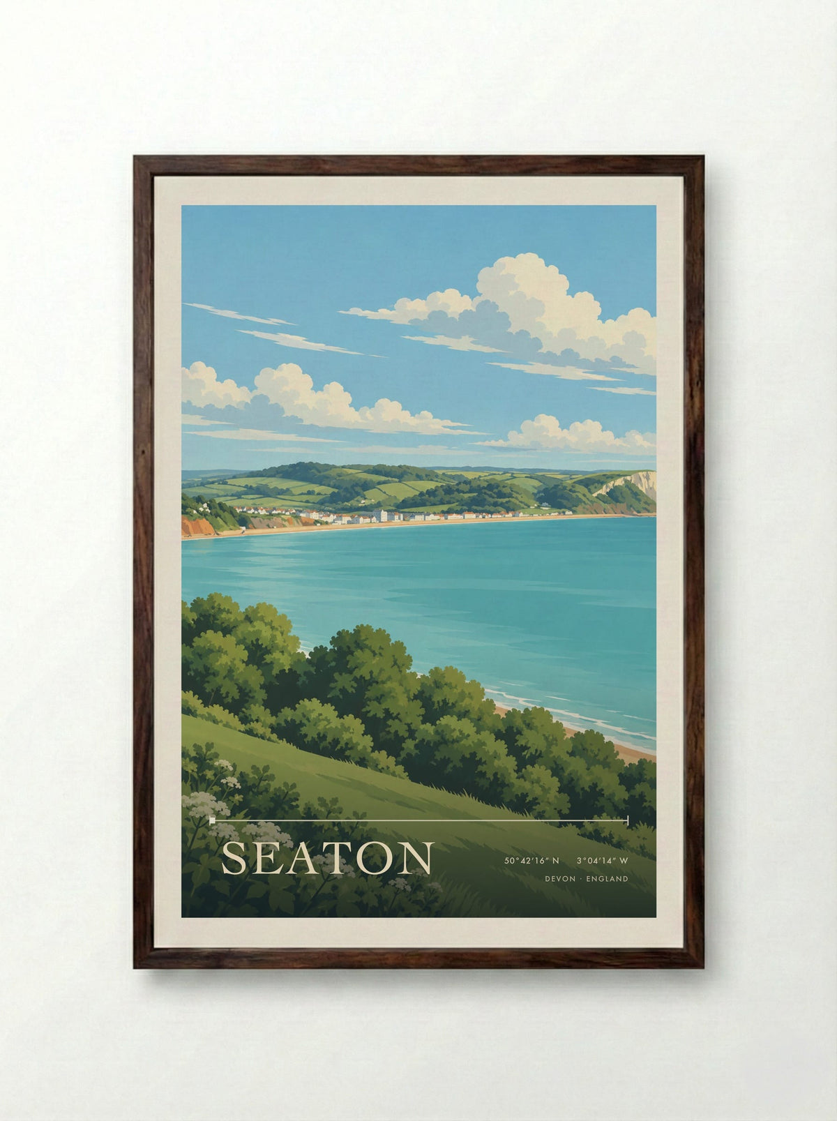 Seaton, Devon | Travel Poster - Framed Print Dark Wood
