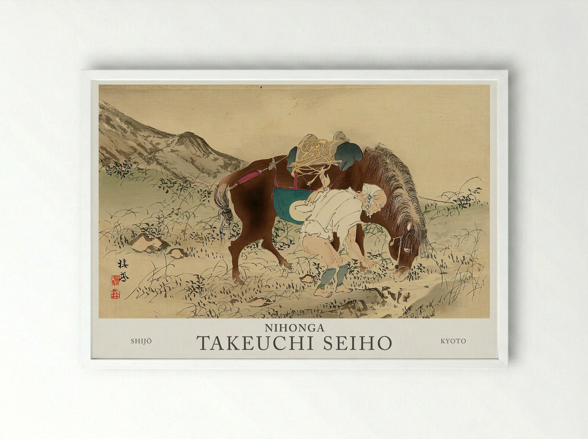Seiho Twelve Fuji – Taking Care of Horse Modern Print Reproduction - Framed Print White