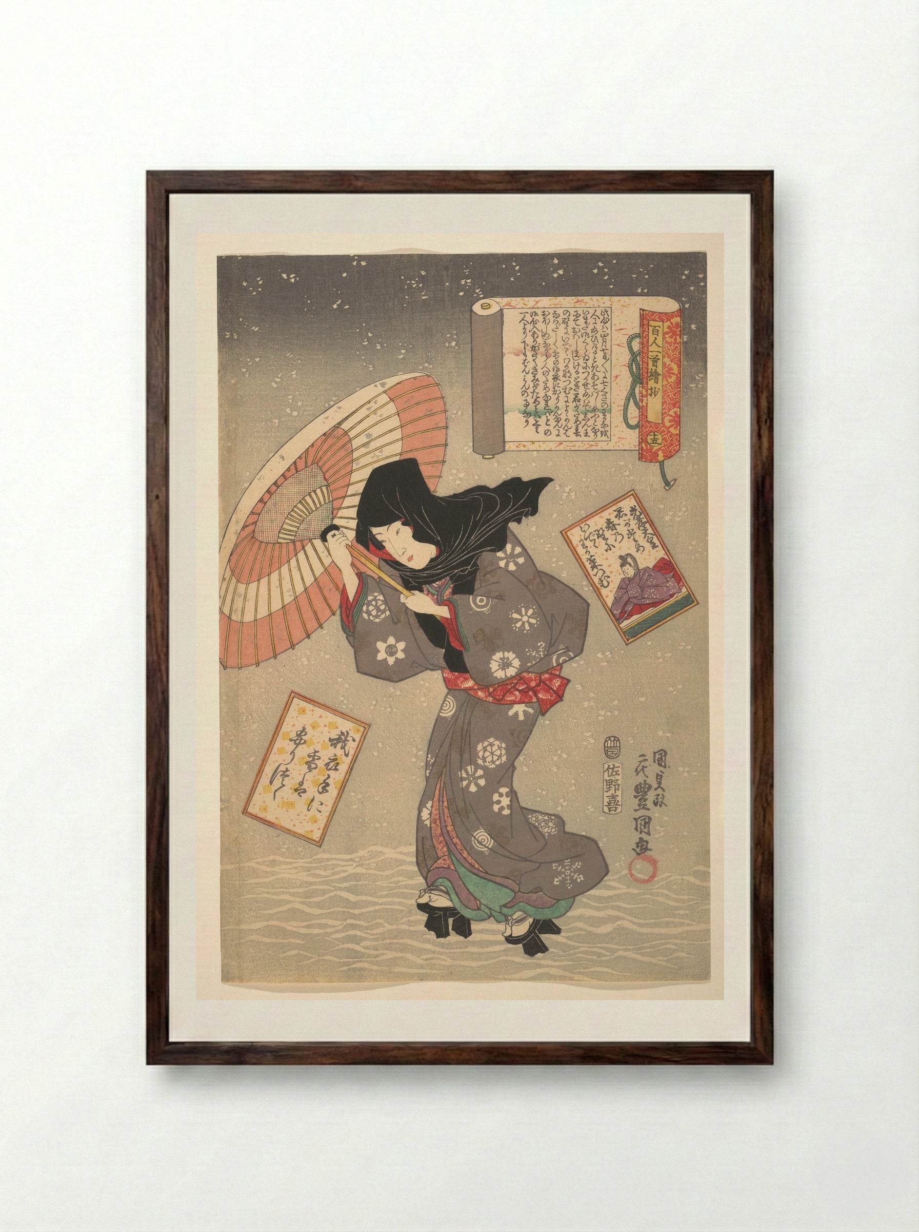 Selected Scenes from One Poem Each by One Hundred Poets: Poem by Emperor Kōkō - Utagawa Kunisada - Framed Print Dark Wood
