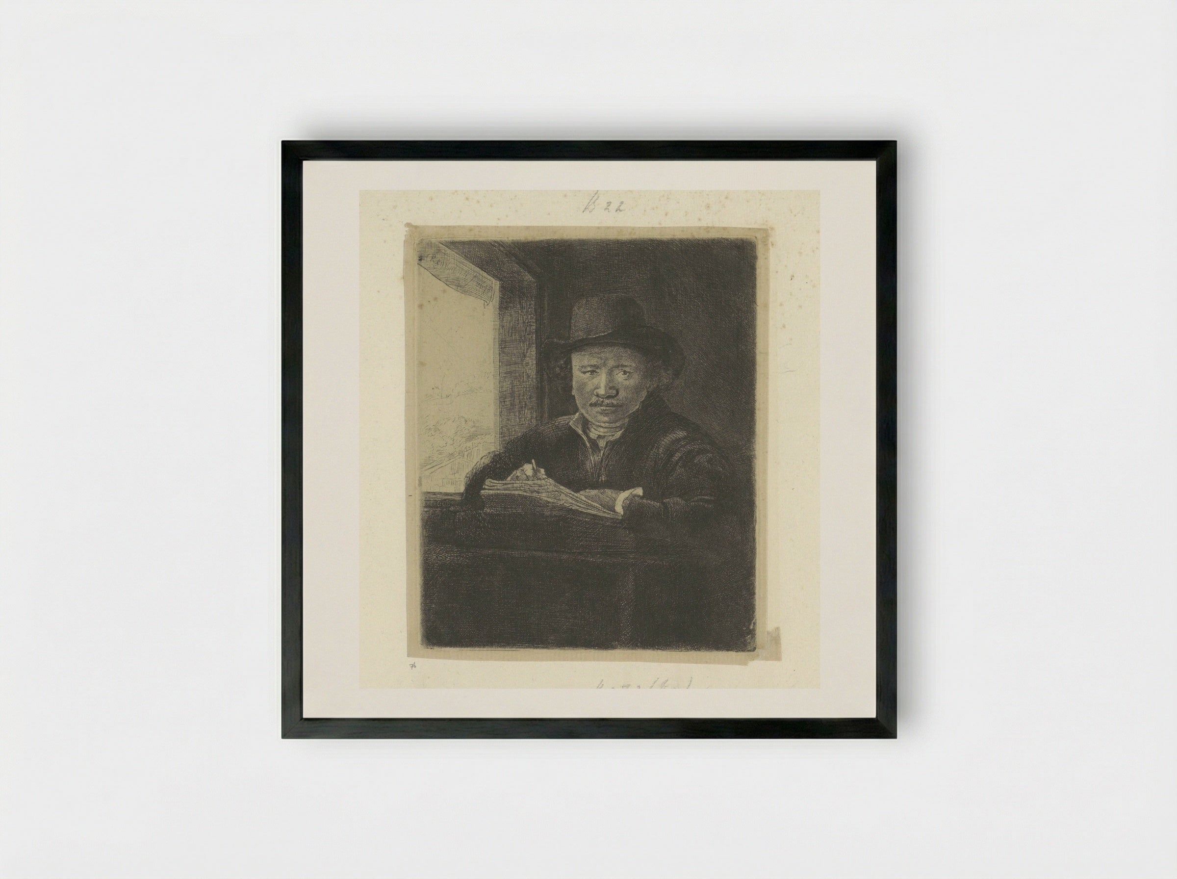 Self-Portrait Drawing at a Window - Rembrandt van Rijn - Framed Print Black