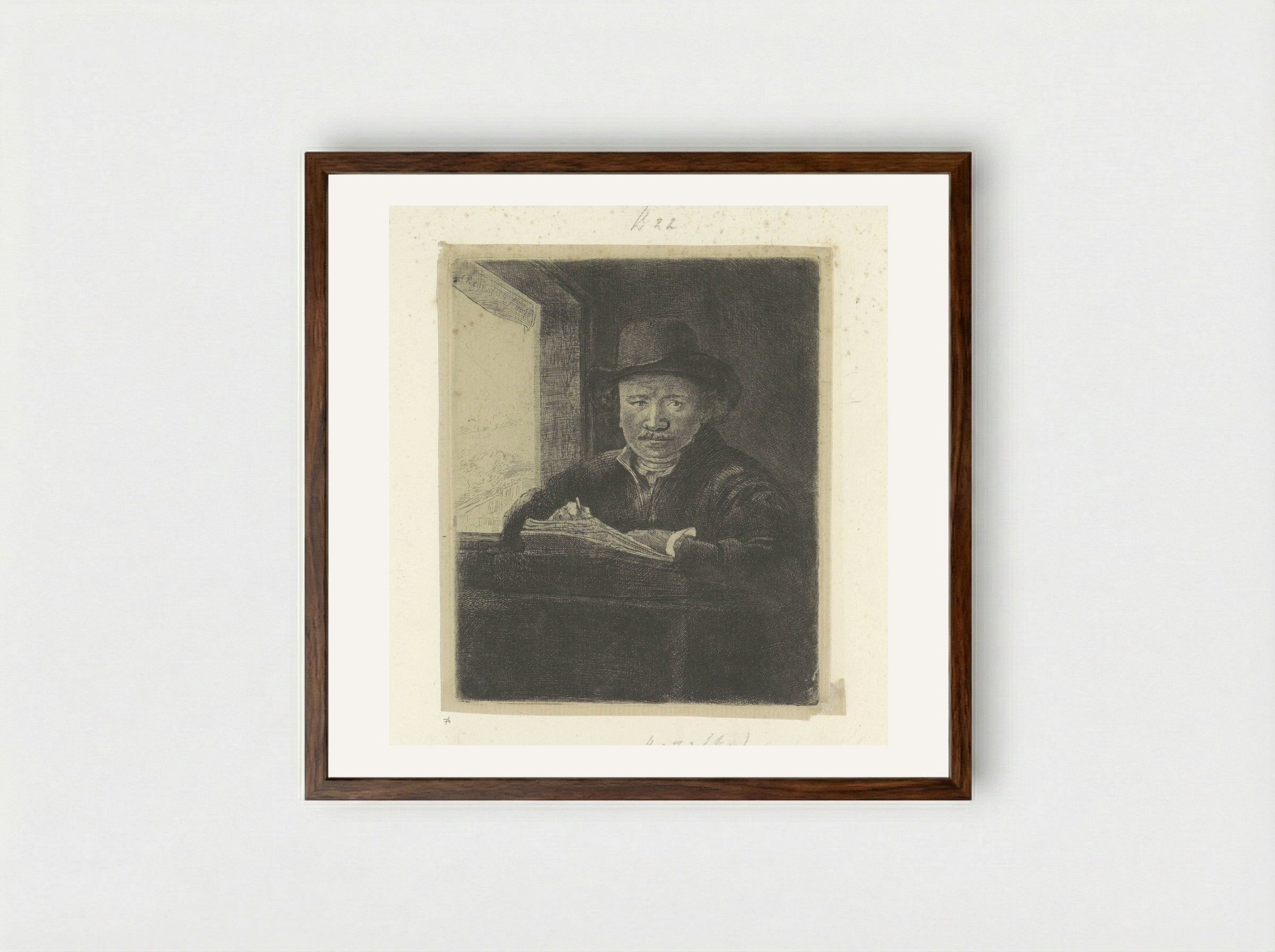 Self-Portrait Drawing at a Window - Rembrandt van Rijn - Framed Print Dark Wood