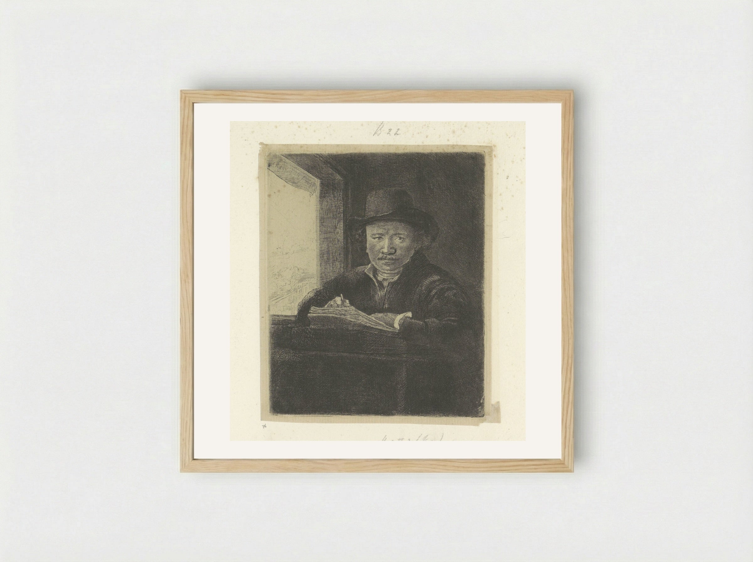 Self-Portrait Drawing at a Window - Rembrandt van Rijn - Framed Print Wood