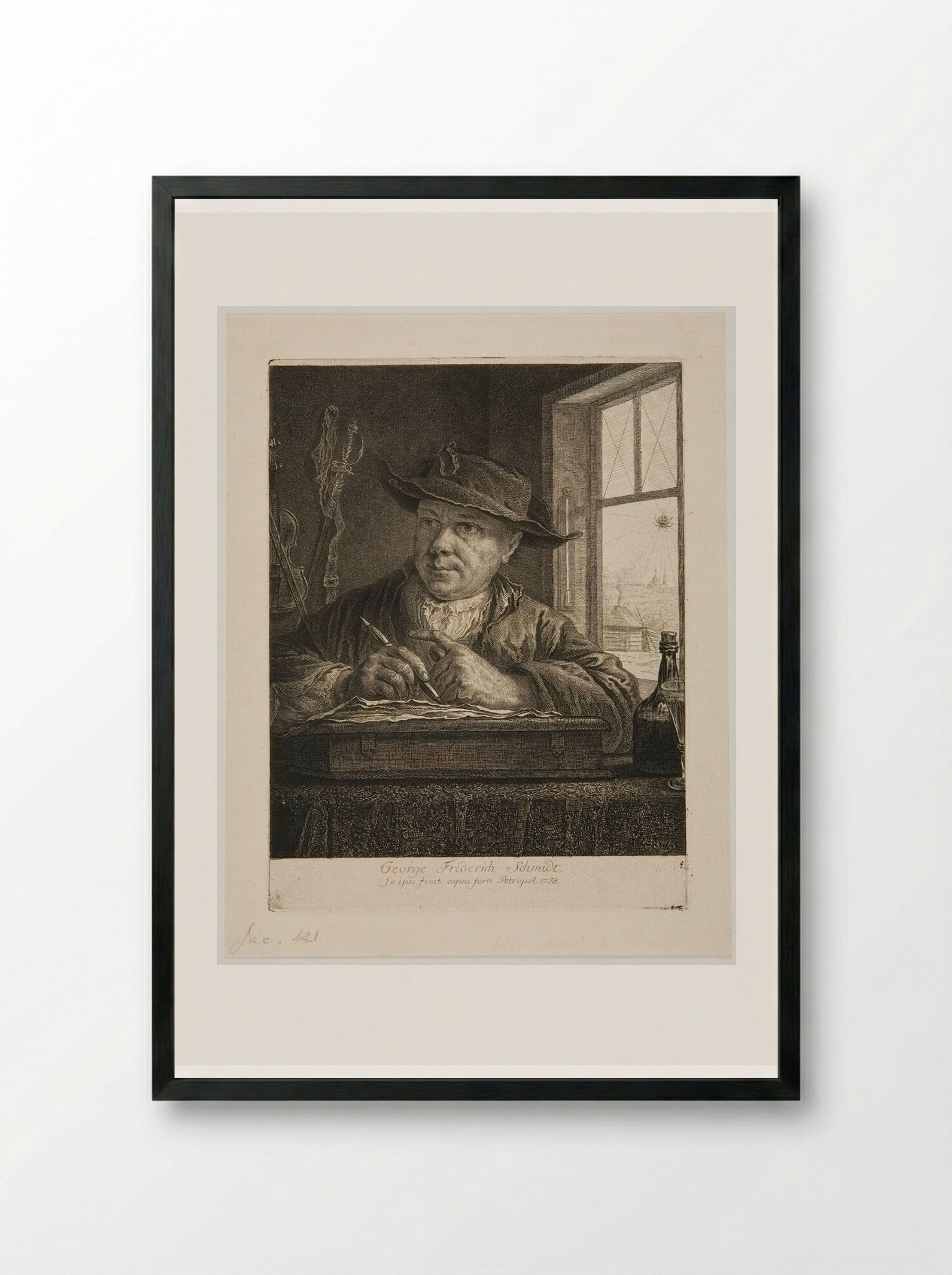Self-Portrait at his Desk - Georg Friedrich Schmidt - Framed Print Black