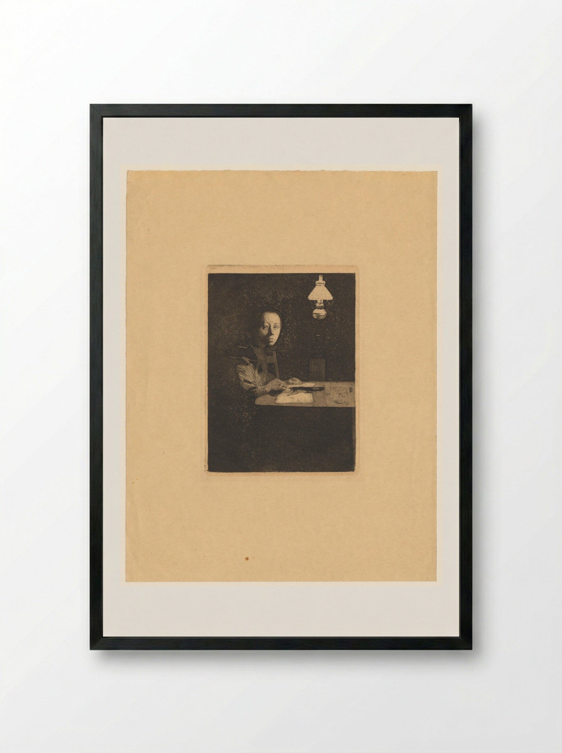 Self-Portrait at the Table - Käthe Kollwitz - Framed Print Black