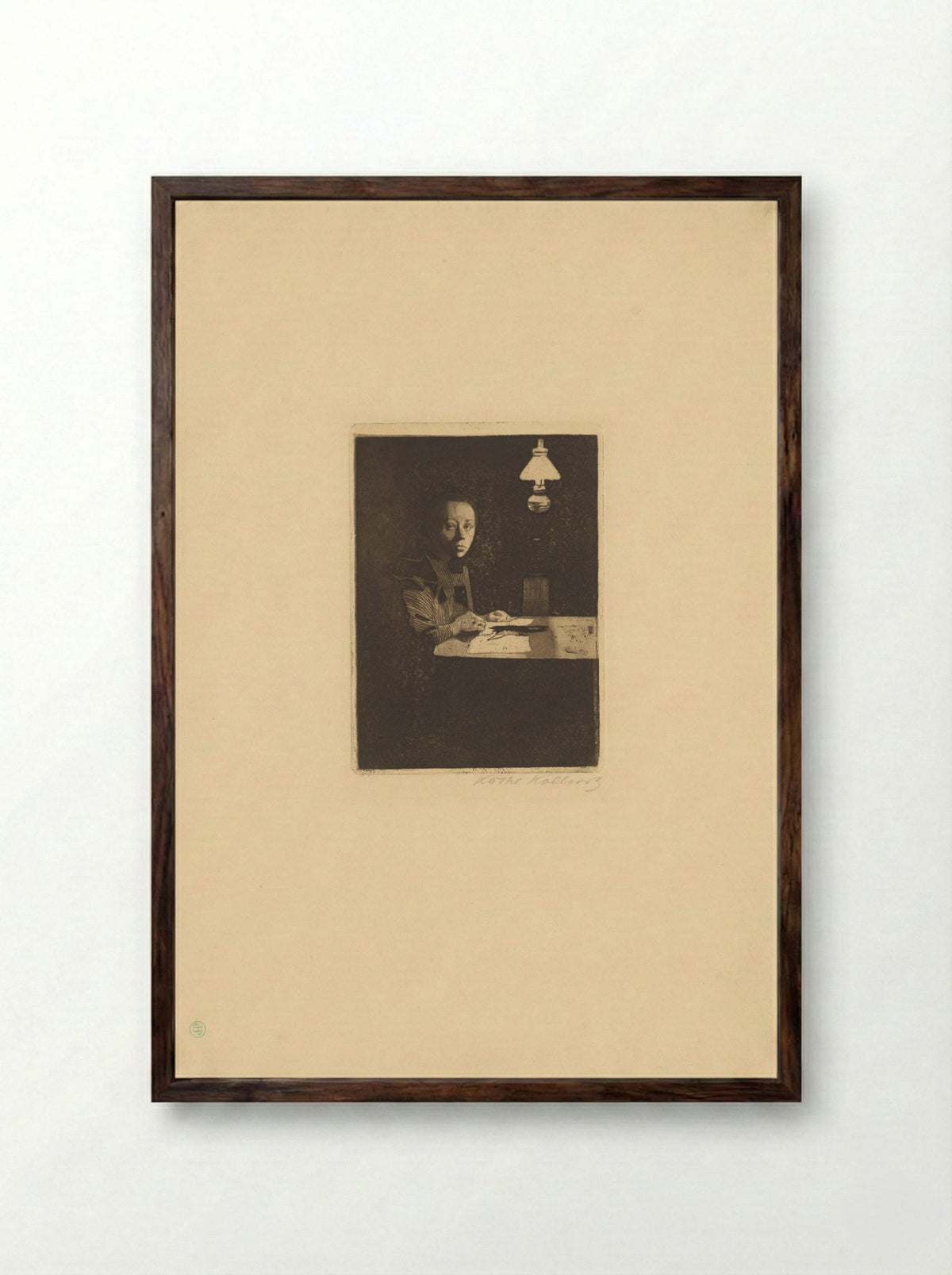 Self-Portrait at the Table - Käthe Kollwitz - Framed Print Dark Wood