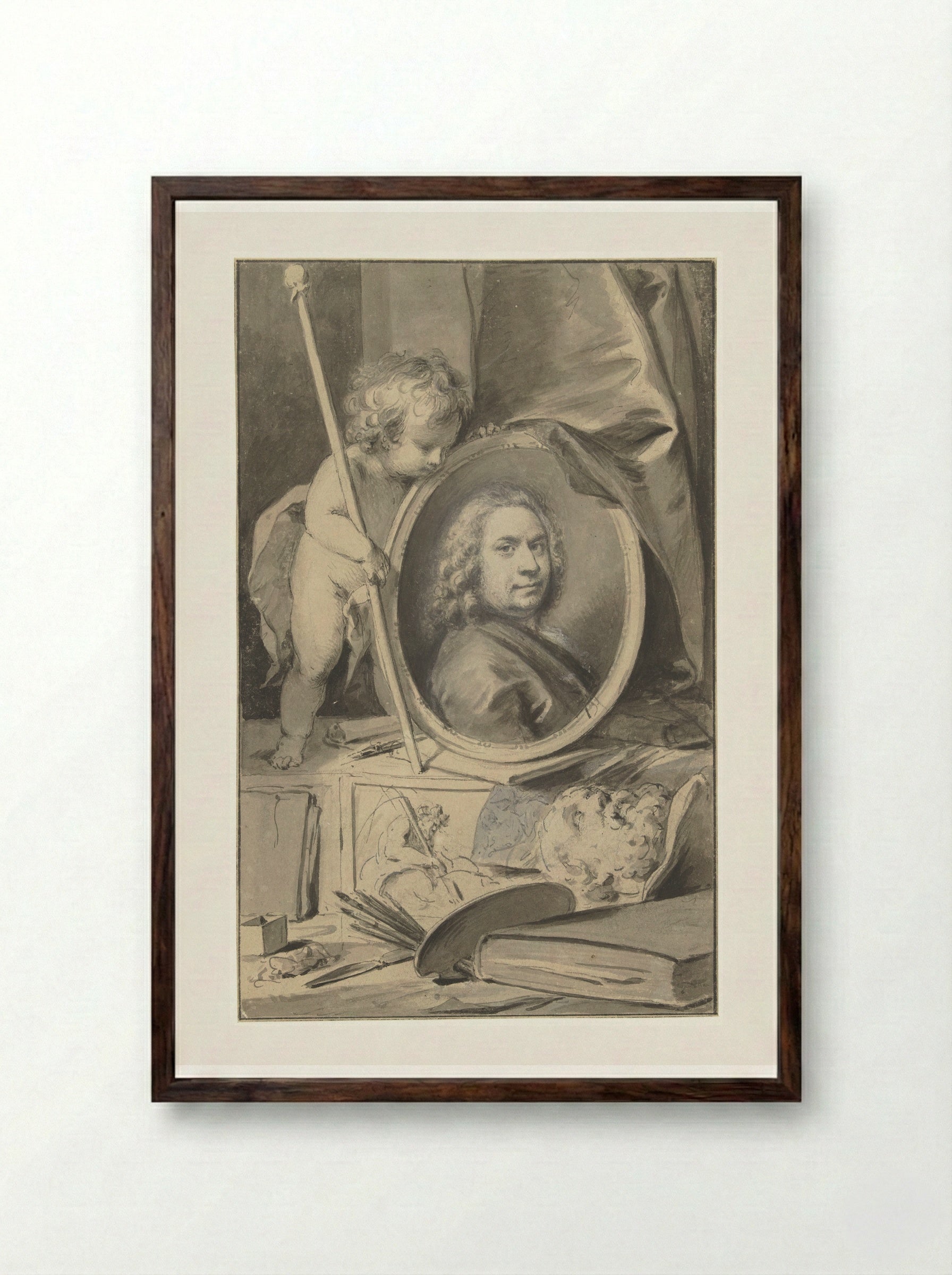 Self-Portrait in a Medallion Surrounded by Painter's Attributes - Jacob de Wit - Framed Print Dark Wood