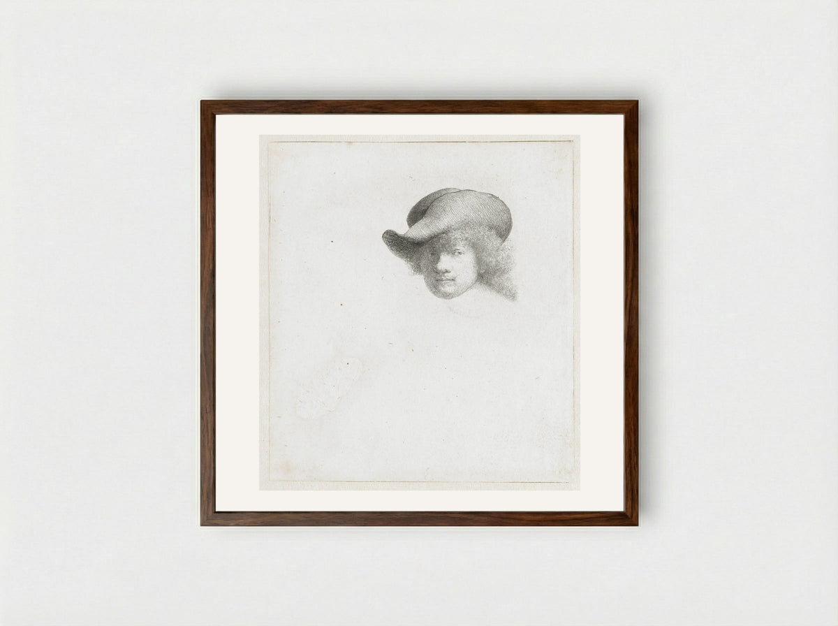 Self-Portrait in a Soft Hat and Embroidered Cloak - Rembrandt van Rijn - Framed Print Dark Wood