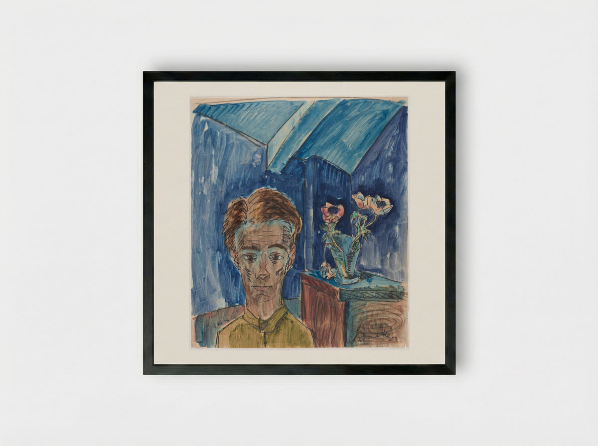 Self-Portrait (with Anemones) - Walter Gramatté - Framed Print Black