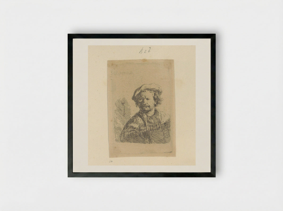 Self-Portrait with Beret and Turned-Up Collar - Rembrandt van Rijn - Framed Print Black