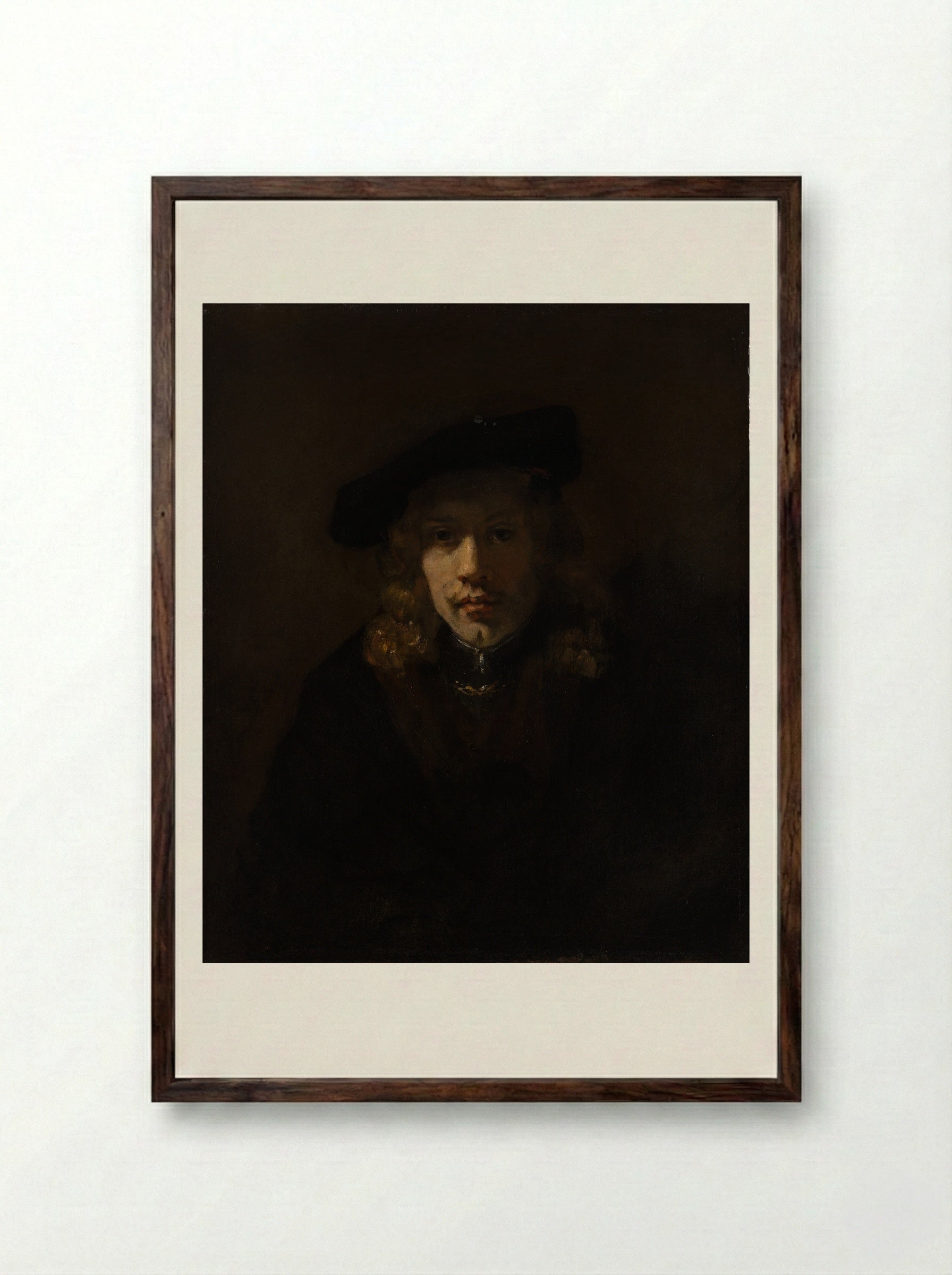 Self-Portrait with Beret and Turned-Up Collar - Rembrandt van Rijn - Framed Print Dark Wood