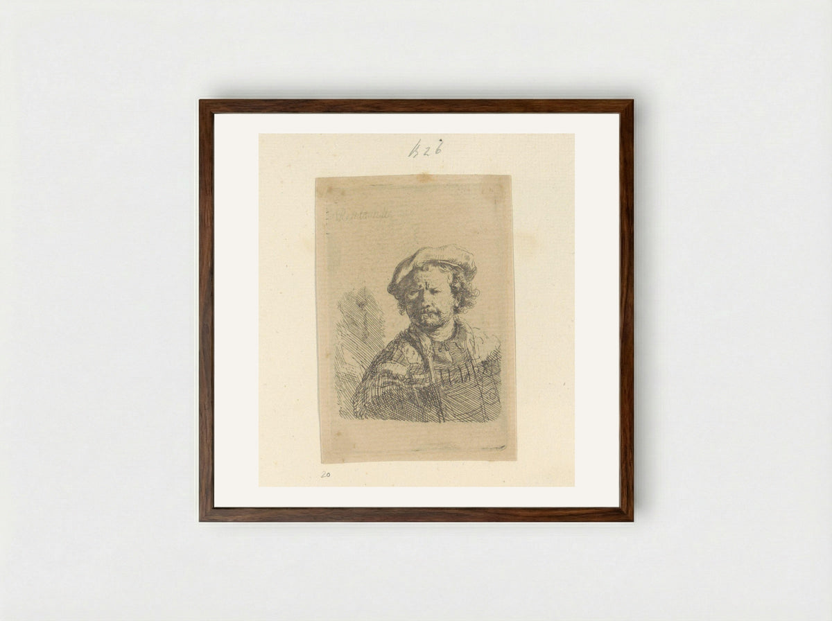 Self-Portrait with Beret and Turned-Up Collar - Rembrandt van Rijn - Framed Print Dark Wood
