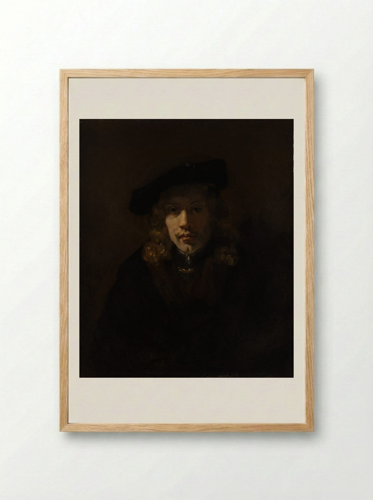 Self-Portrait with Beret and Turned-Up Collar - Rembrandt van Rijn - Framed Print Wood
