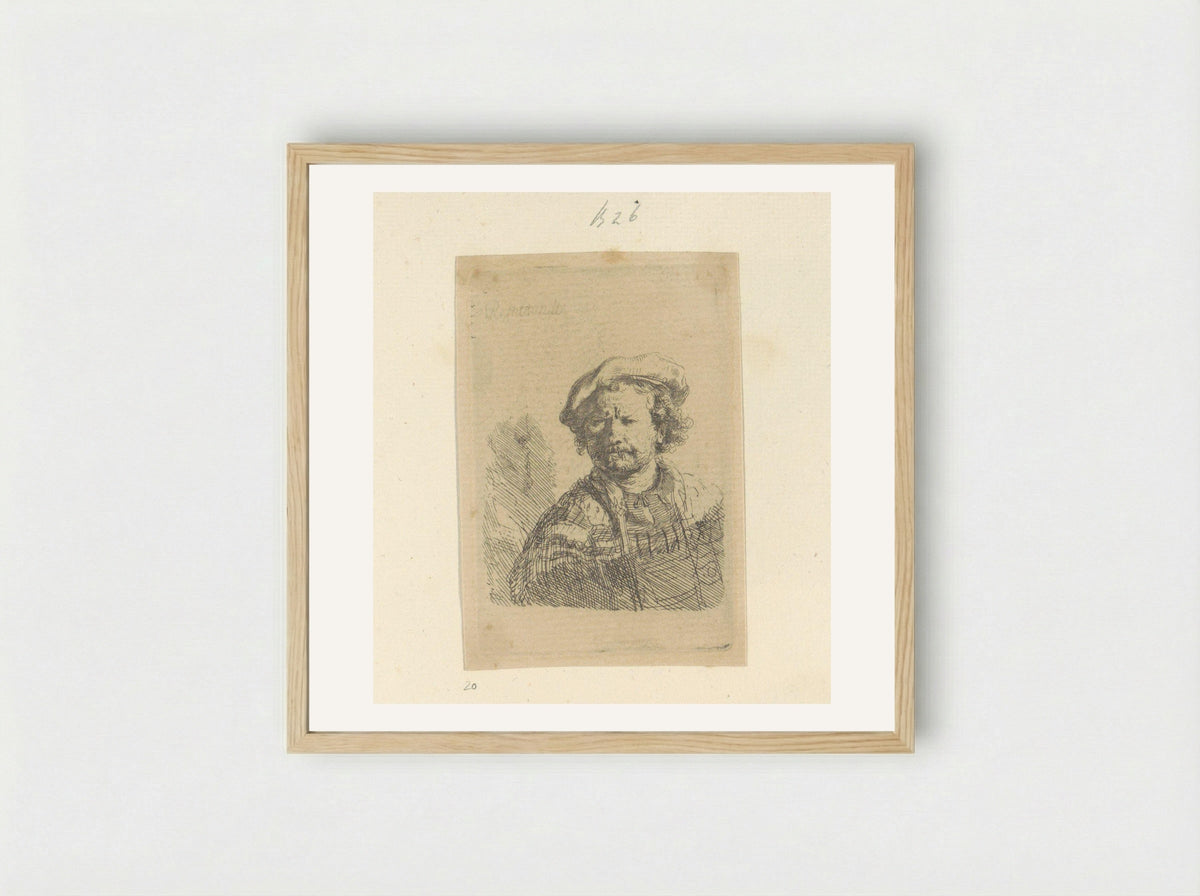 Self-Portrait with Beret and Turned-Up Collar - Rembrandt van Rijn - Framed Print Wood