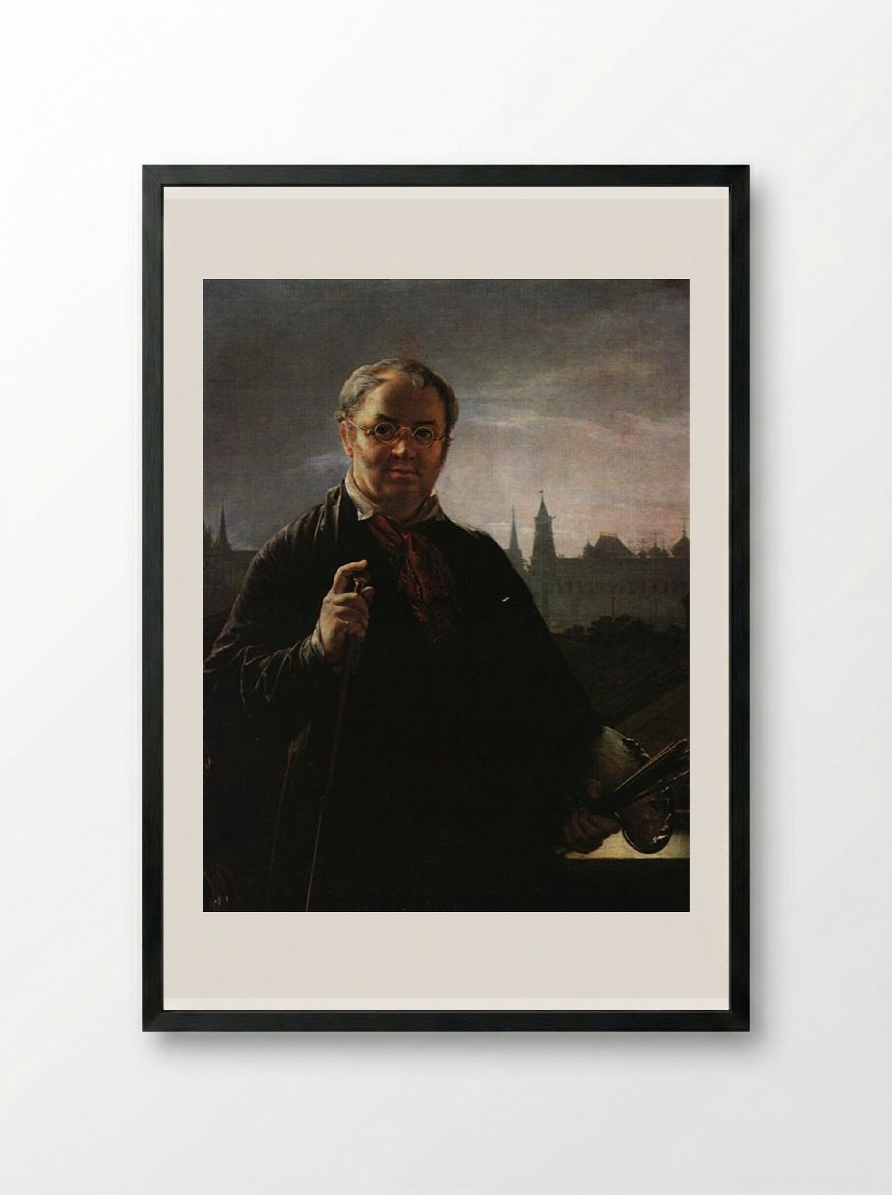 Self-Portrait with Brushes and a Palette Against a Window Facing the Kremlin - Vasily Tropinin - Framed Print Black