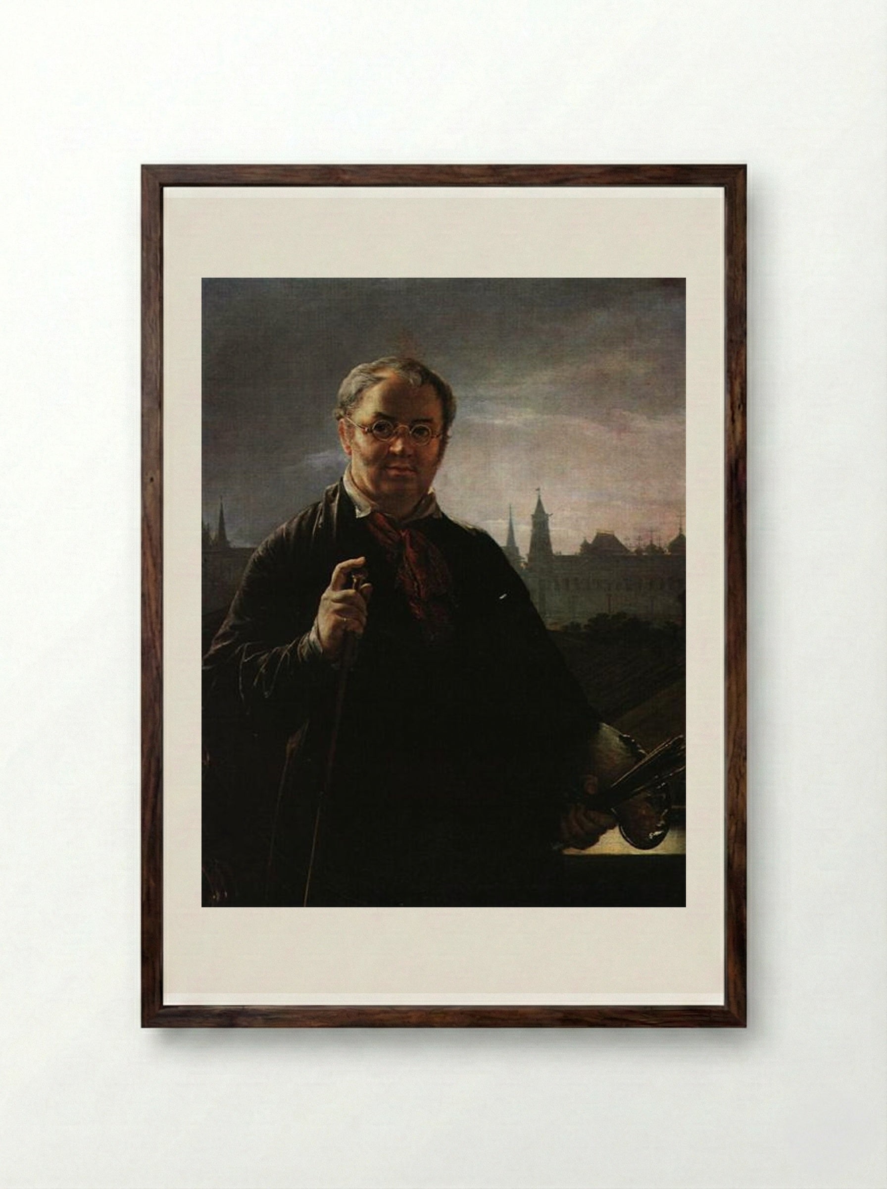 Self-Portrait with Brushes and a Palette Against a Window Facing the Kremlin - Vasily Tropinin - Framed Print Dark Wood
