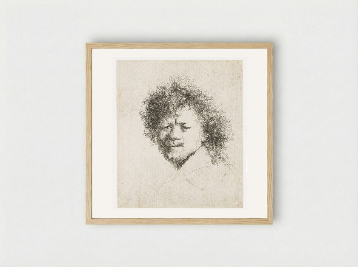 Self-Portrait with Dishevelled Hair - Rembrandt van Rijn - Framed Print Wood