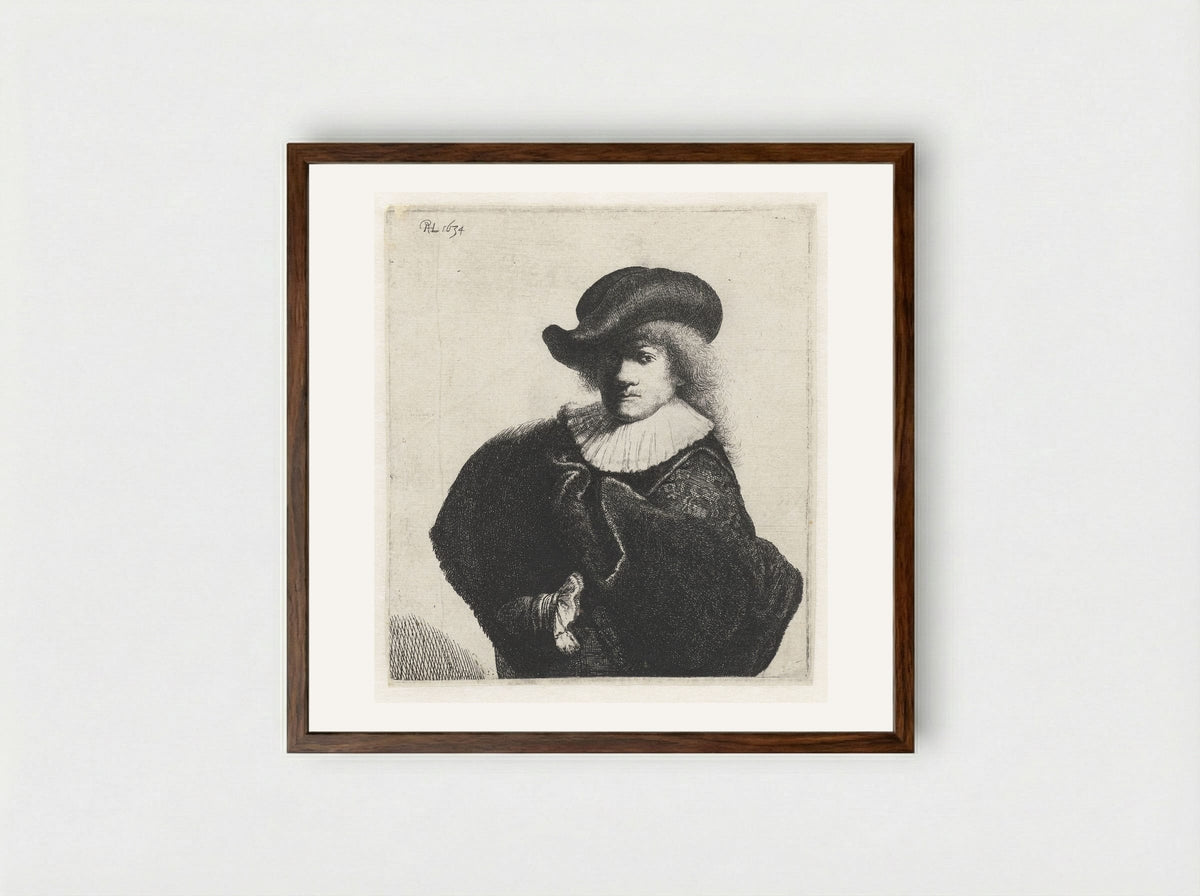 Self-Portrait with Hat and Velvet Cloak - Jan Gillisz. van Vliet - Framed Print Dark Wood