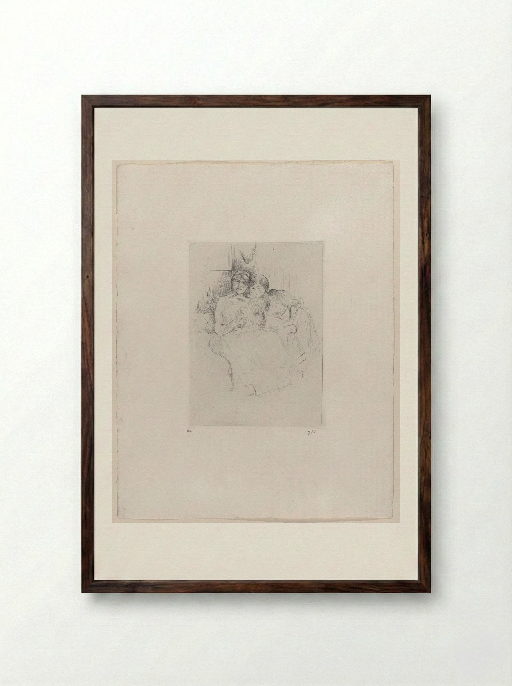 Self-Portrait with Julie Manet (The Drawing Lesson) - Berthe Morisot - Framed Print Dark Wood