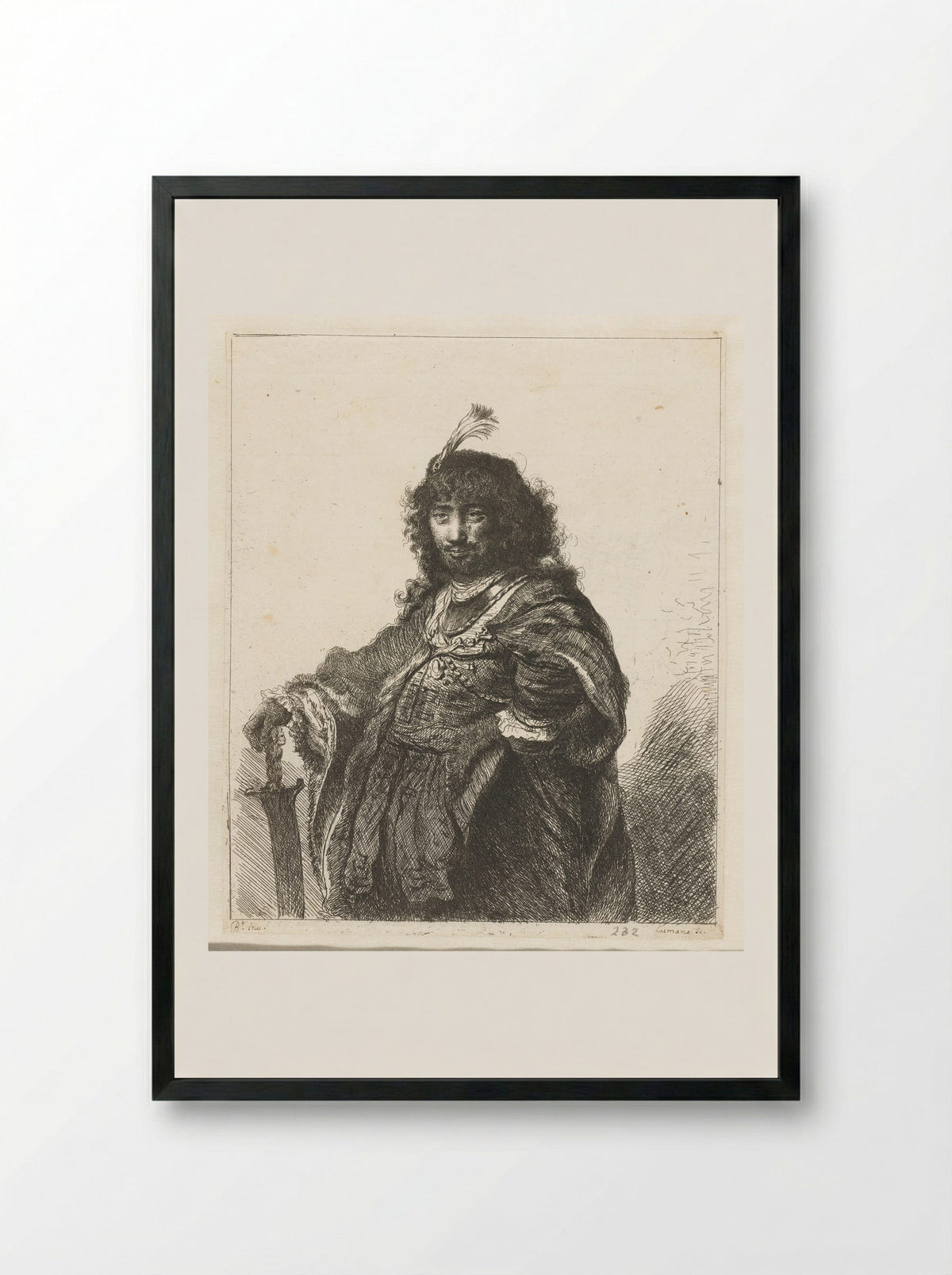 Self-Portrait with Plumed Beret, Hand Resting on a Sabre - Constantino Cumano - Framed Print Black