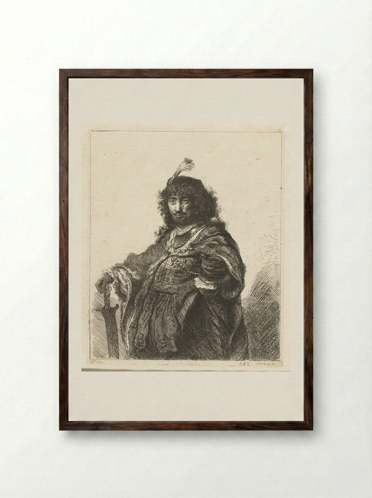 Self-Portrait with Plumed Beret, Hand Resting on a Sabre - Constantino Cumano - Framed Print Dark Wood