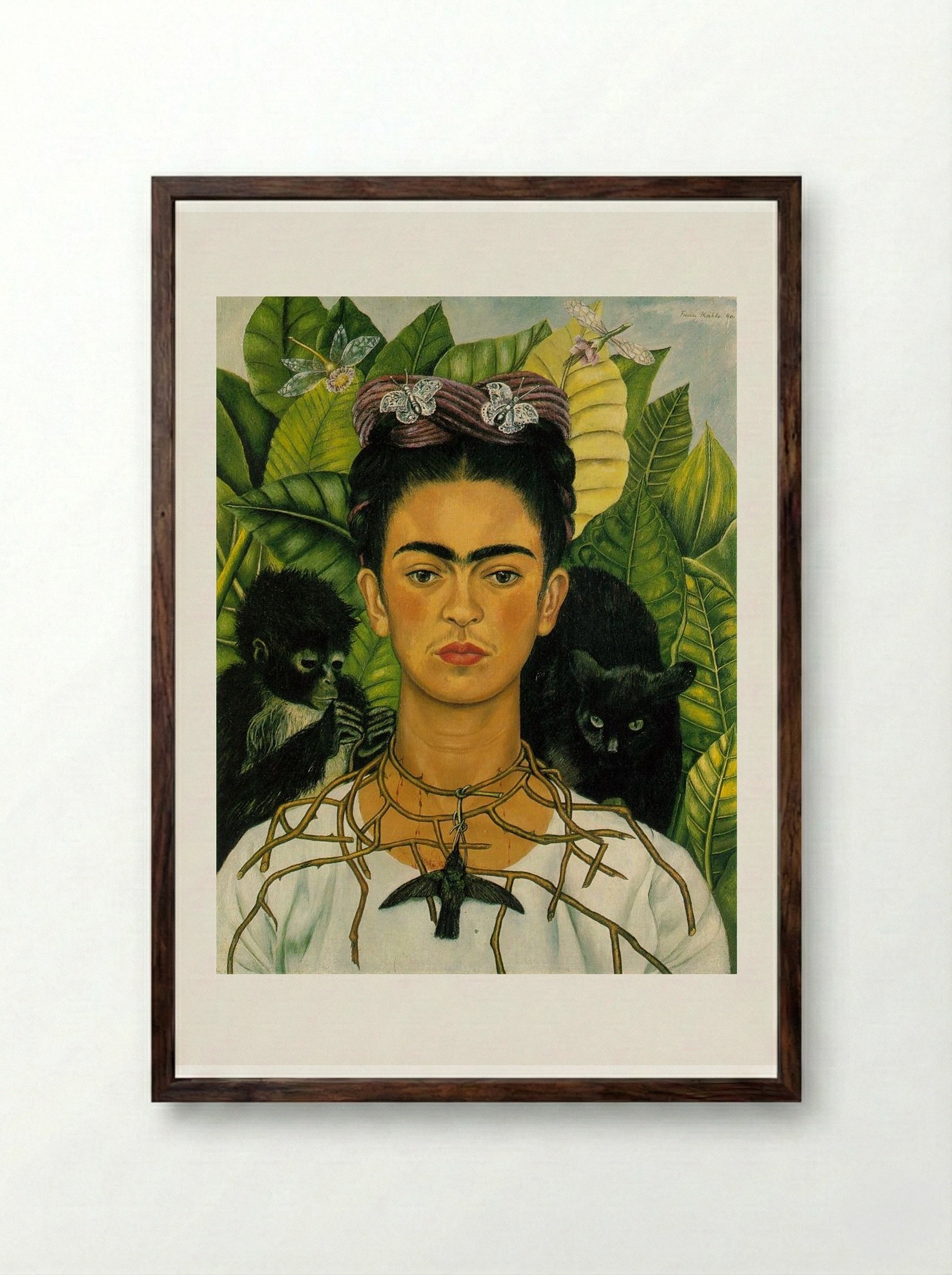Self-Portrait with Thorn Necklace and Hummingbird - Frida Kahlo - Framed Print Dark Wood