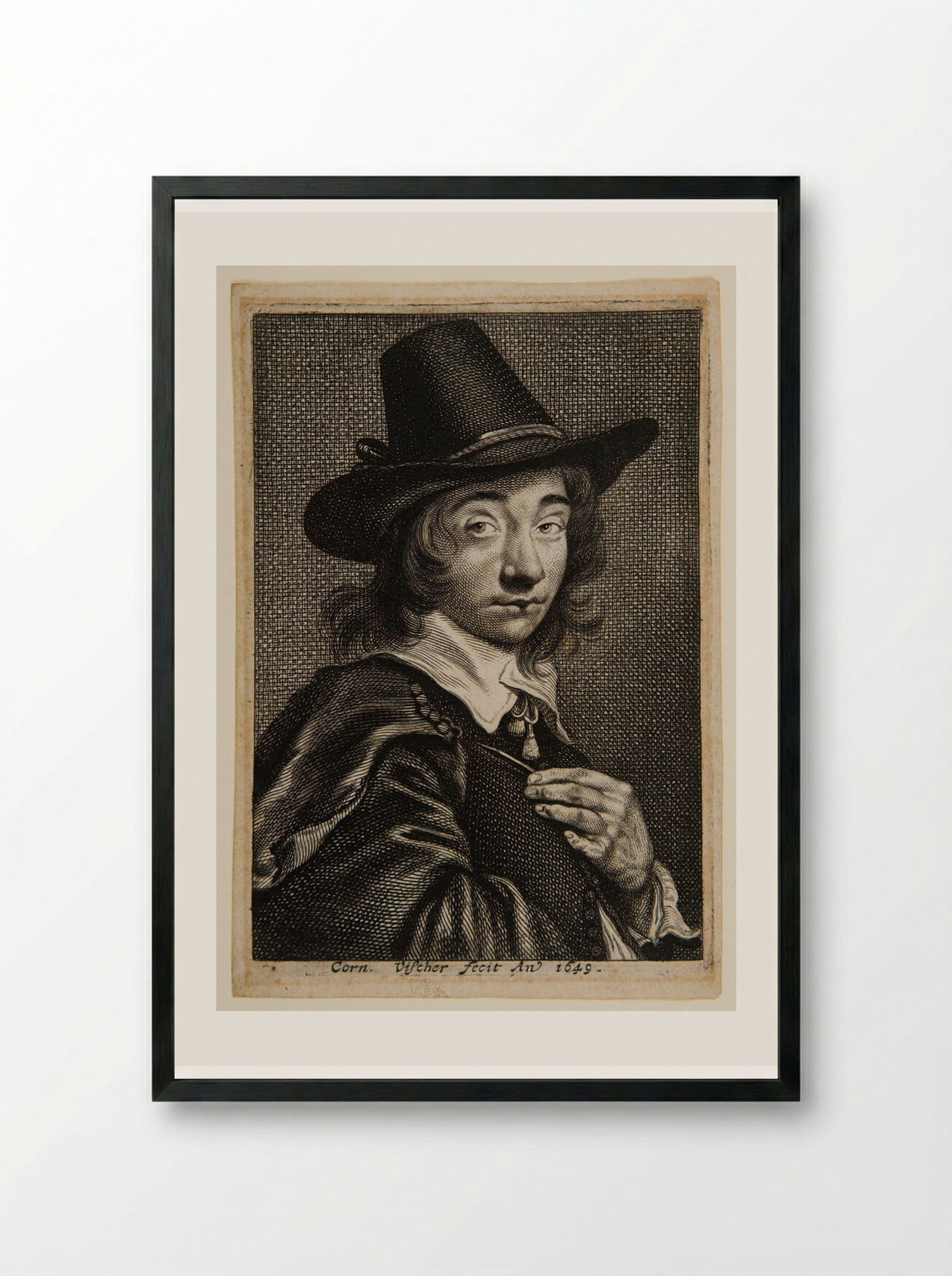 Self-portrait Holding a Burin - Cornelis Visscher - Framed Print Black