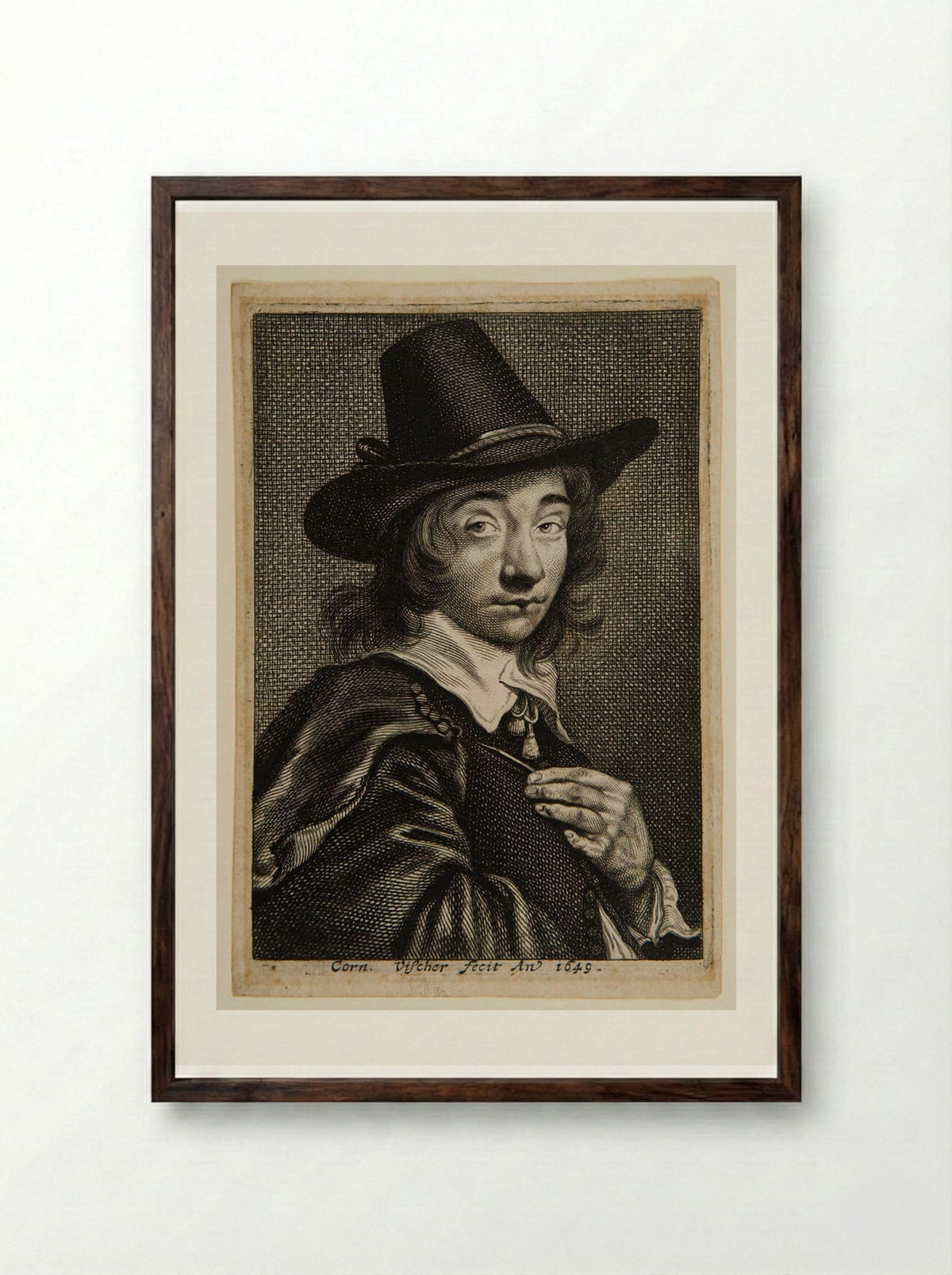 Self-portrait Holding a Burin - Cornelis Visscher - Framed Print Dark Wood