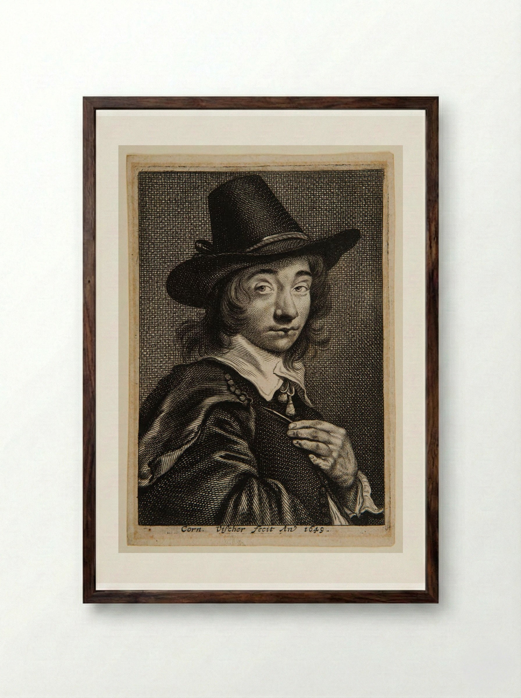 Self-portrait Holding a Burin - Cornelis Visscher - Framed Print Dark Wood