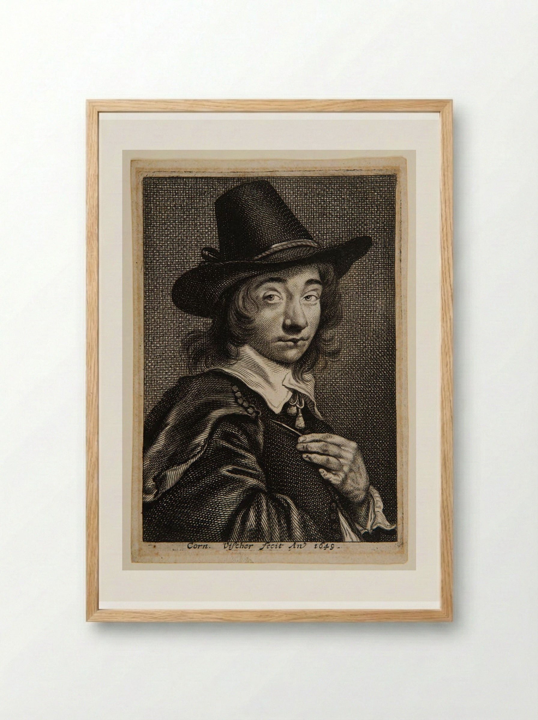 Self-portrait Holding a Burin - Cornelis Visscher - Framed Print Wood