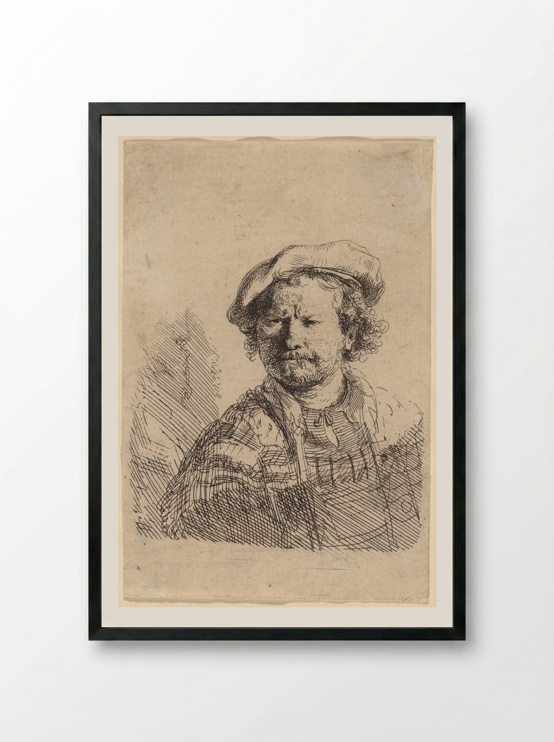 Self-portrait in a Flat Cap and Embroidered Dress - Rembrandt Harmensz. van Rijn - Framed Print Black