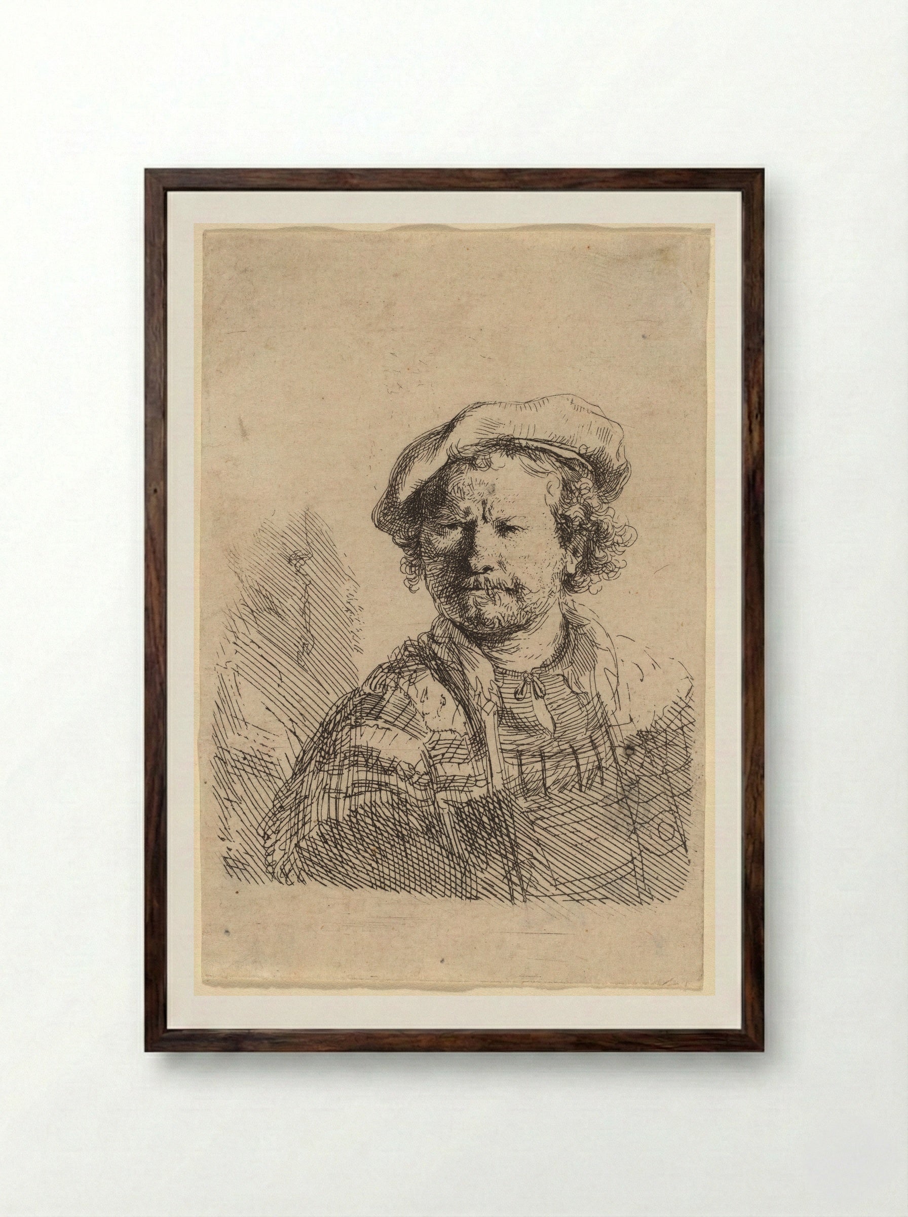 Self-portrait in a Flat Cap and Embroidered Dress - Rembrandt Harmensz. van Rijn - Framed Print Dark Wood