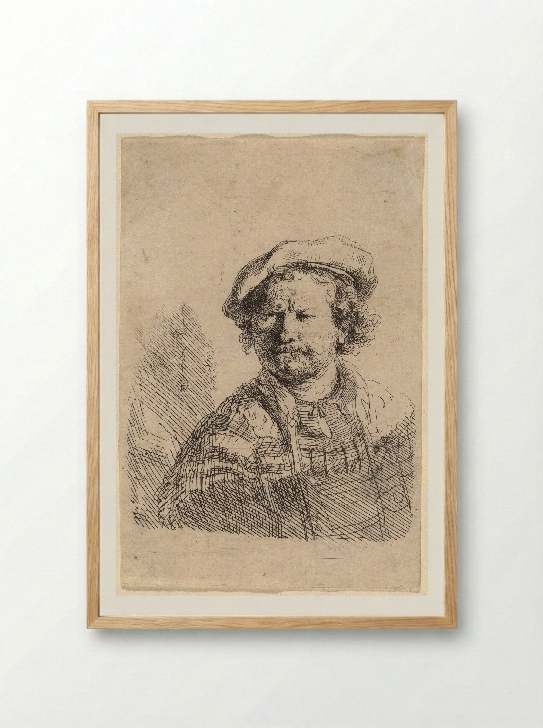 Self-portrait in a Flat Cap and Embroidered Dress - Rembrandt Harmensz. van Rijn - Framed Print Wood